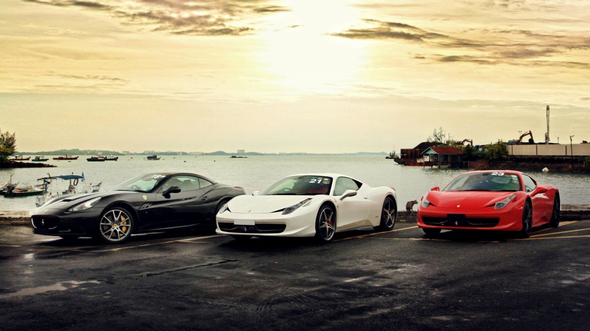 Ferrari 458 Italia, Ferrari, Porto, Tramonto, 1920x1080, immagine di sfondo