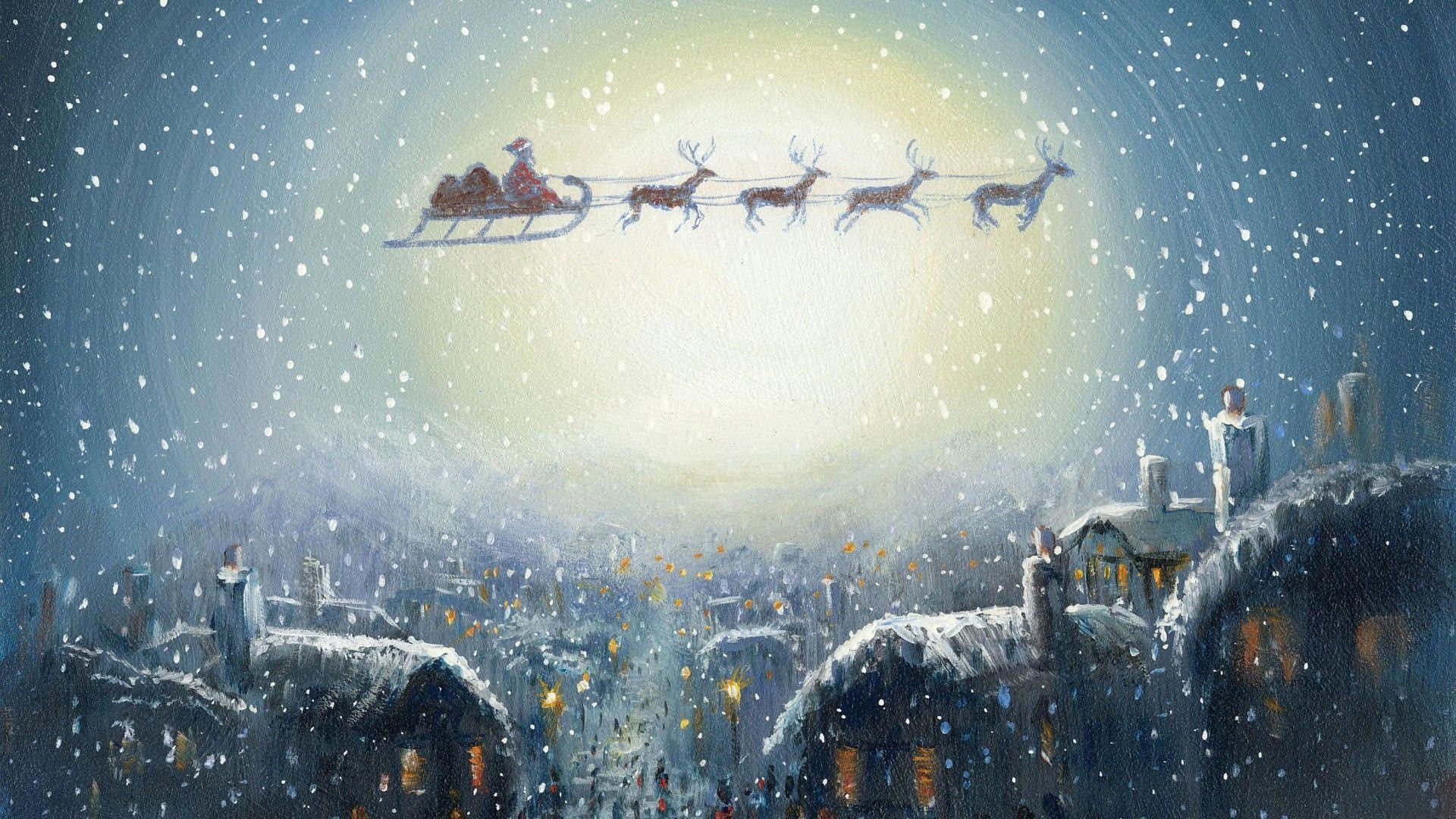 Babbo Natale, Slitta, Renne, Luna, Villaggio innevato, 1920x1080, immagine di sfondo
