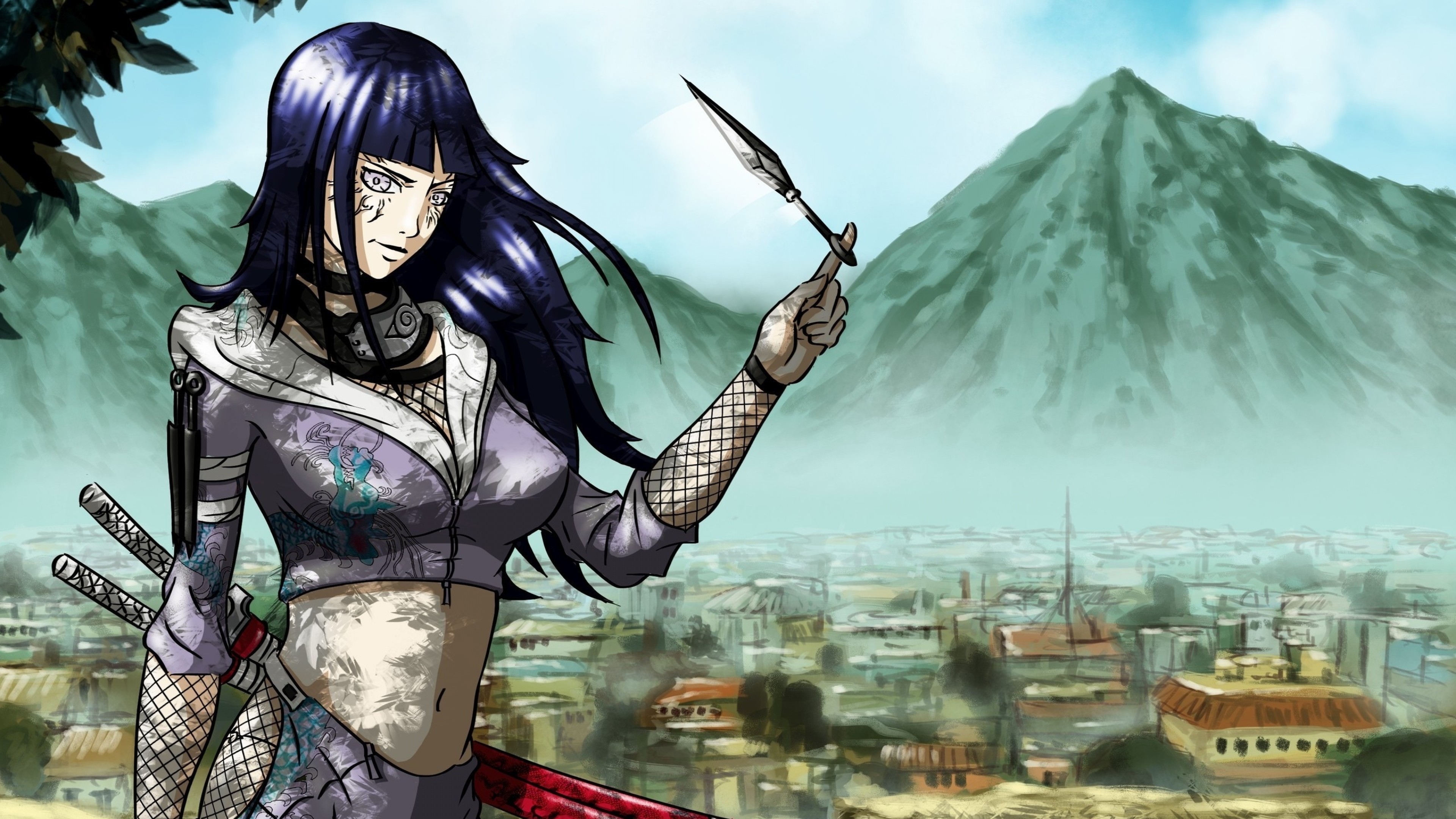 Hinata Hyuga, Kunai, Villaggio, Montagne, 3840x2160, immagine di sfondo