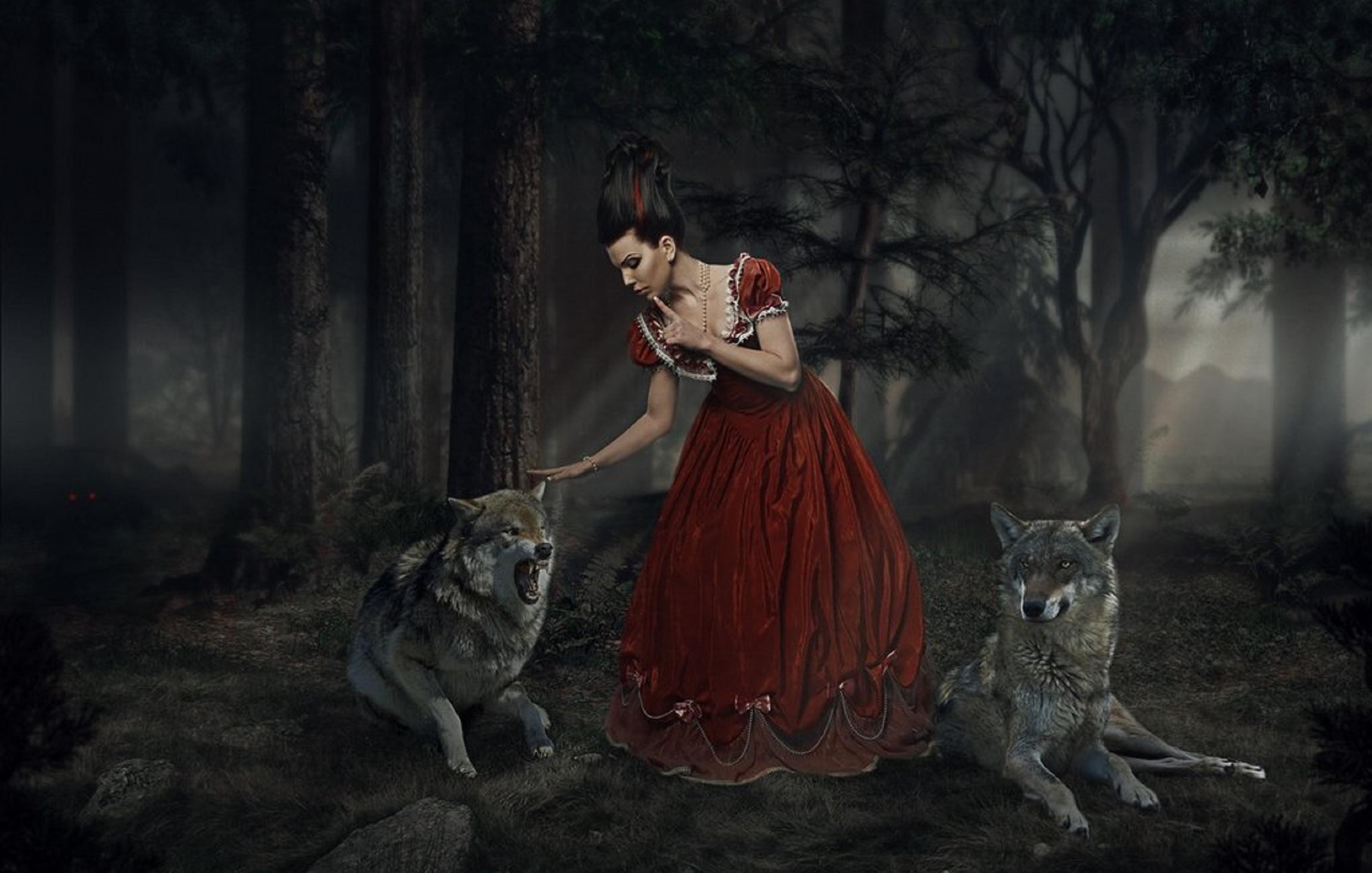 Donna, Lupi, Foresta oscura, Abito rosso, Full HD, sfondo Windows 11