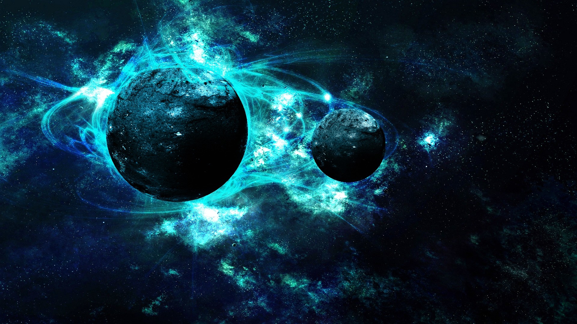 Pianeti, Nebulosa, Energia turchese, Arte digitale, Full HD, sfondo desktop