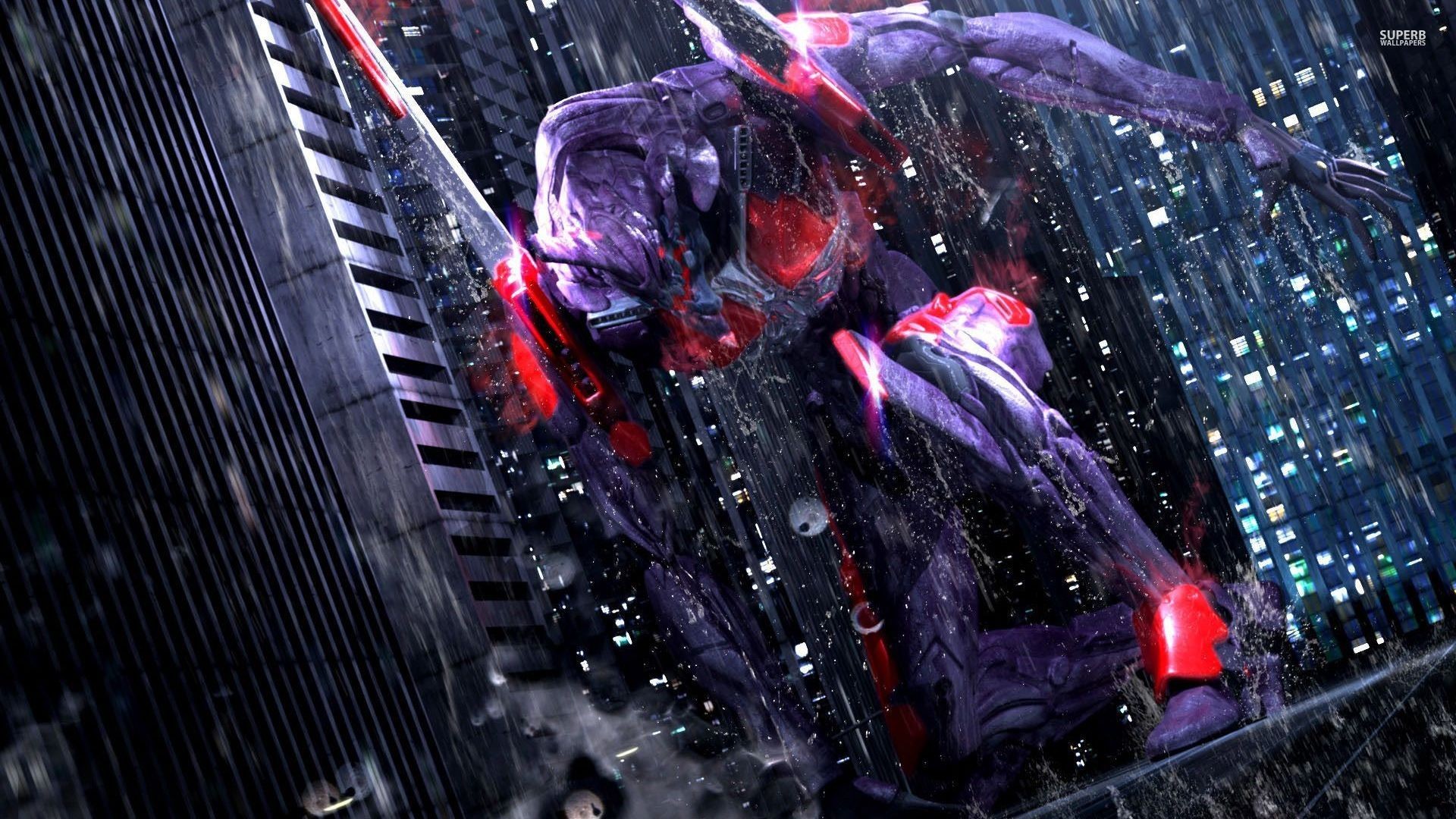 Eva-01, Evangelion, Grattacieli, Mecha, Notte, 1920x1080, immagine di sfondo