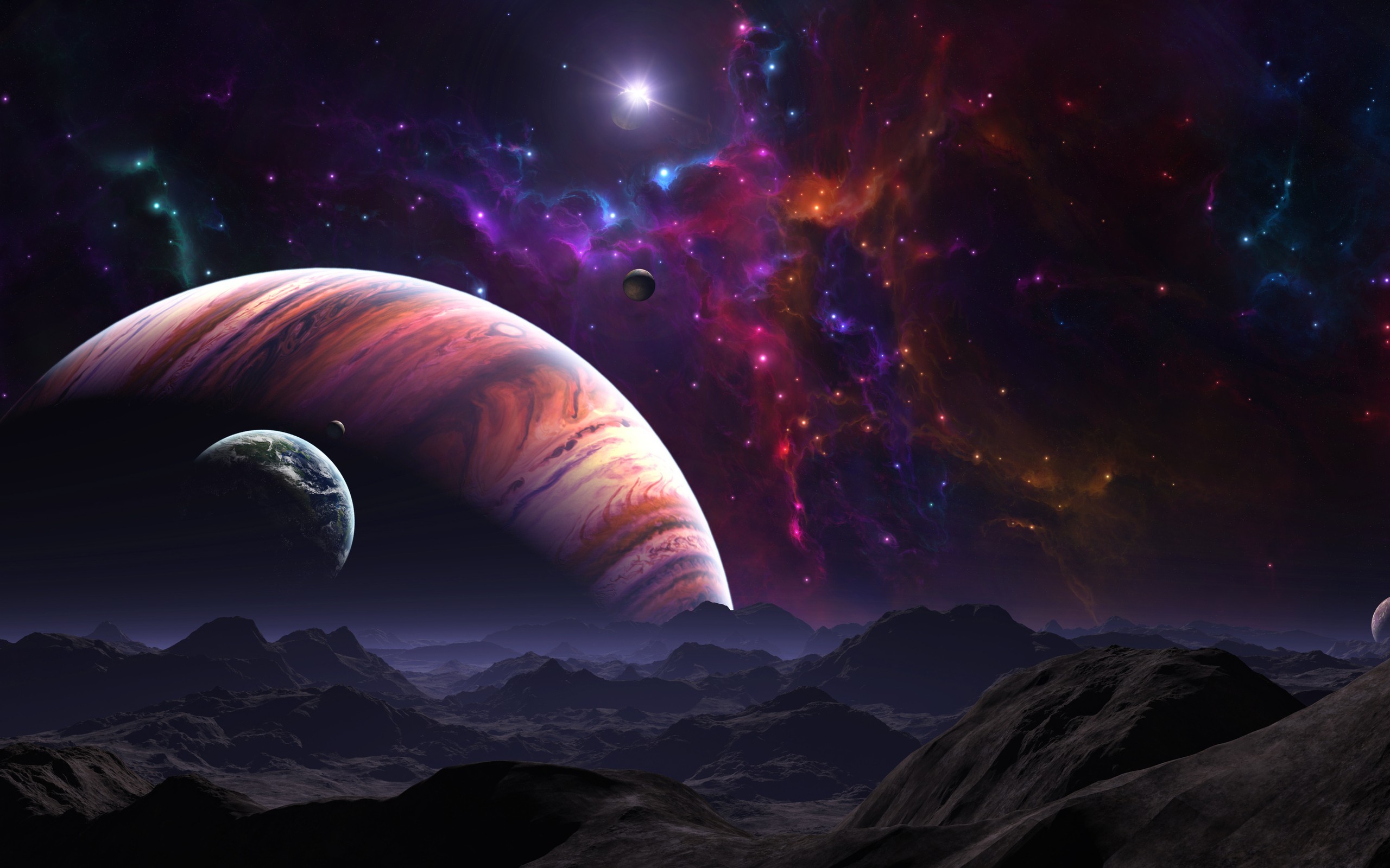 Pianeta gassoso, Lune, Nebulosa, Paesaggio alieno, 2560x1600, sfondo per PC
