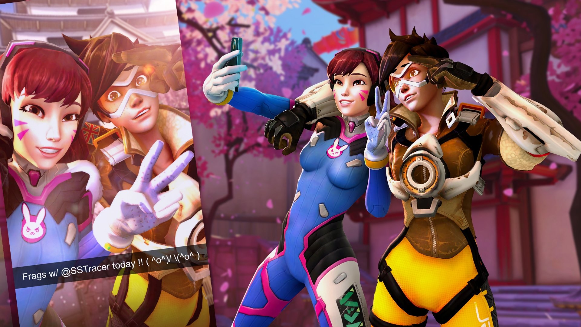 D.Va, Tracer, Overwatch, Selfie, Fiori di ciliegio, Full HD, wallpaper desktop