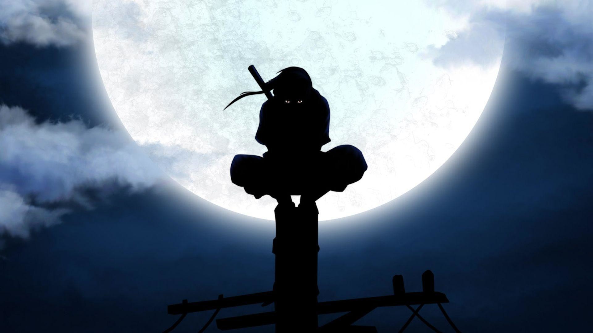 Itachi Uchiha, Naruto, Luna piena, Silhouette, Notte, Full HD, sfondo per PC e portatile