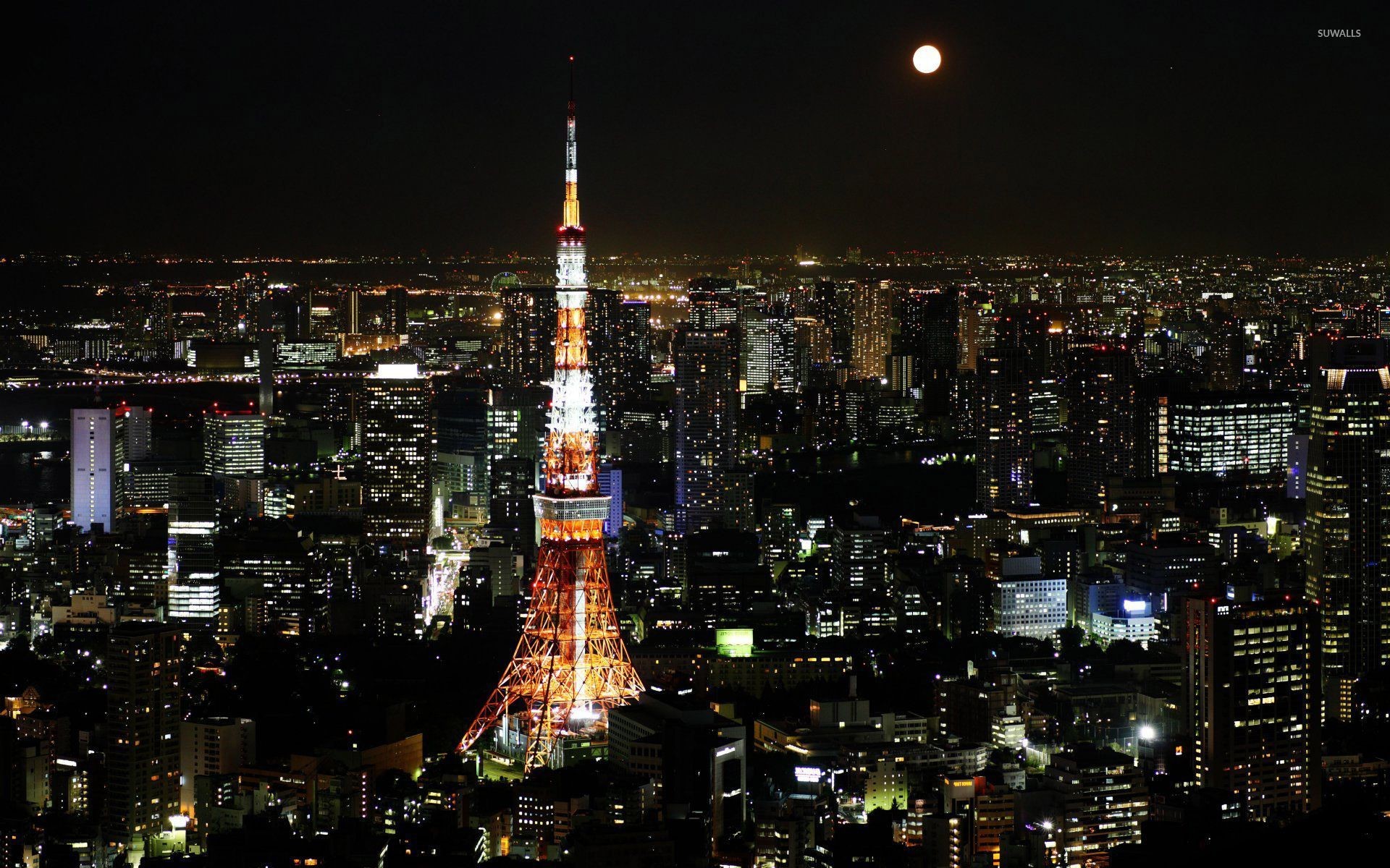 Tokyo Tower, Tokyo, Luna, Notte, Full HD, sfondo per portatile