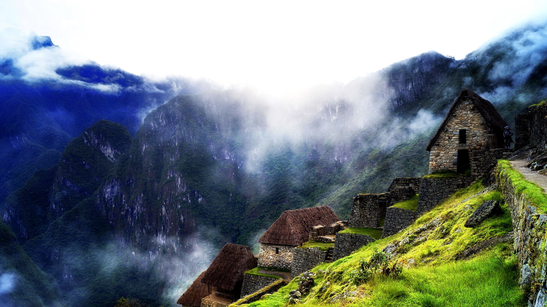 Machu Picchu, Perù, Capanne di pietra, Nebbia, Montagne, 16:9 Full HD, sfondo widescreen
