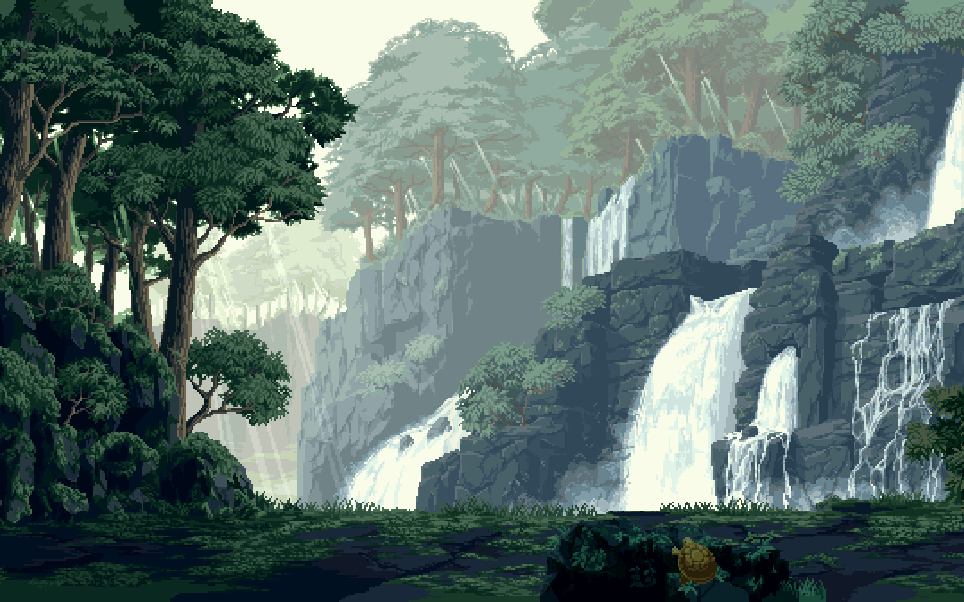 Pixel art, Cascate, Foresta, Scogliere, Full HD, sfondo per portatile