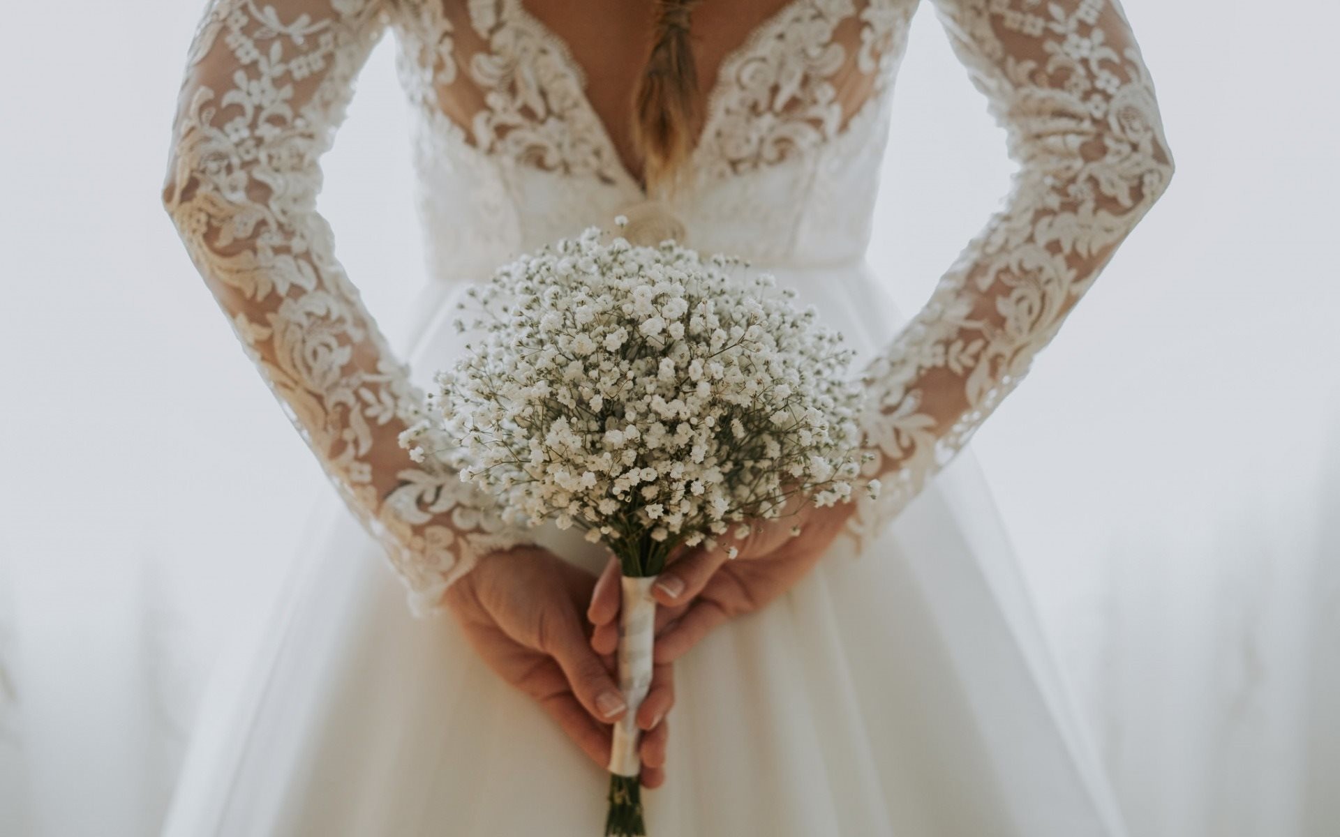Sposa, Abito da sposa, Bouquet di gypsophila, Pizzo, Full HD, wallpaper per PC