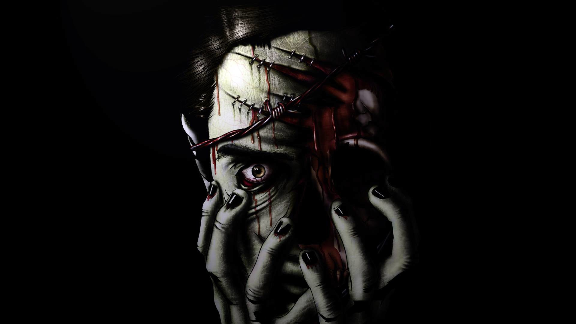 Zombi, Volto, Filo spinato, Sangue, Sfondo nero, Full HD, wallpaper per computer