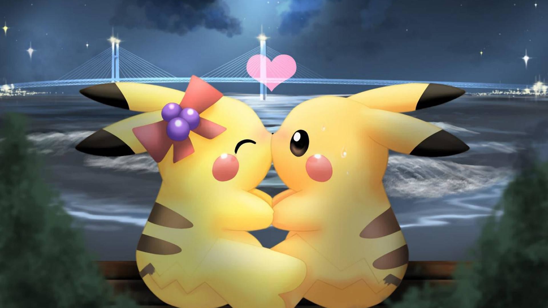 Pikachu, Pokémon, Bacio, Cuore, Notte, Full HD 1080p, sfondo desktop