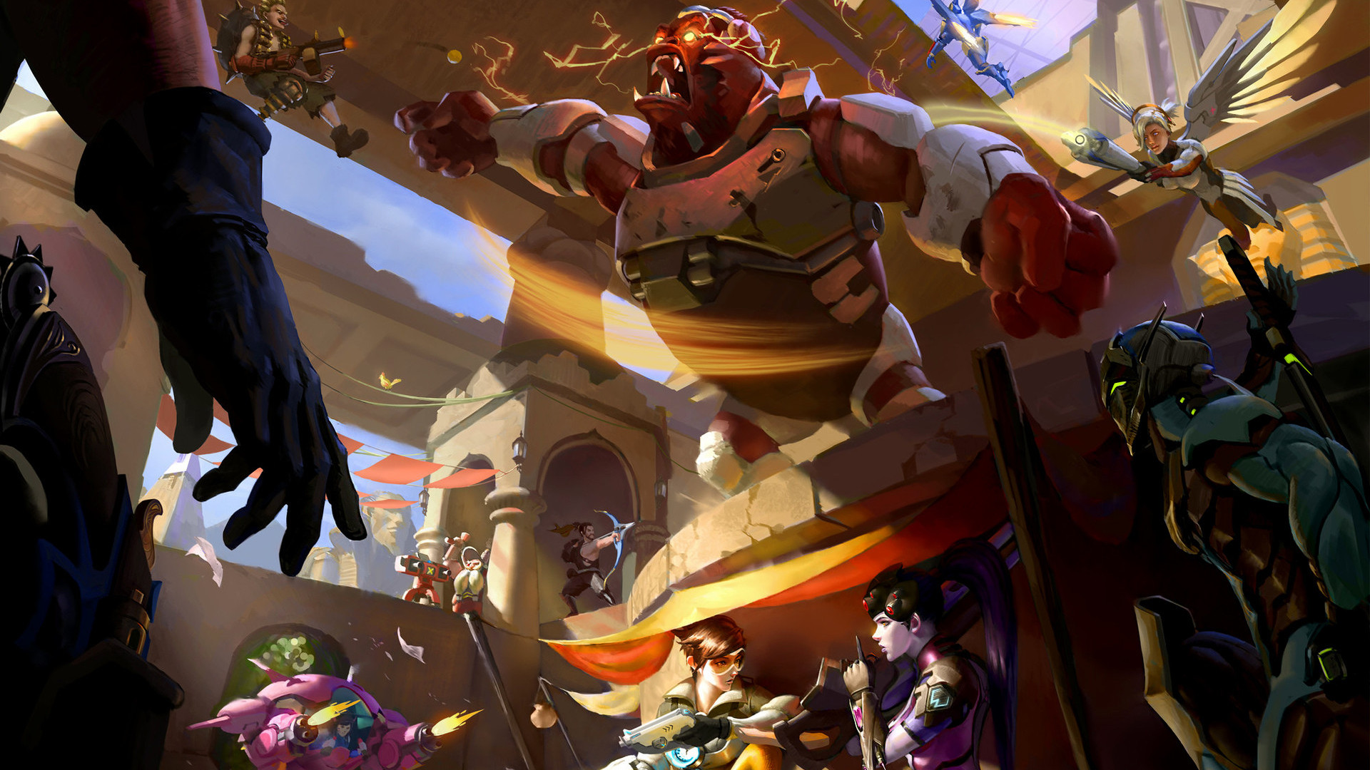 Overwatch, Roadhog, Mercy, Personaggi, Arte digitale, 16:9 Full HD, sfondo widescreen