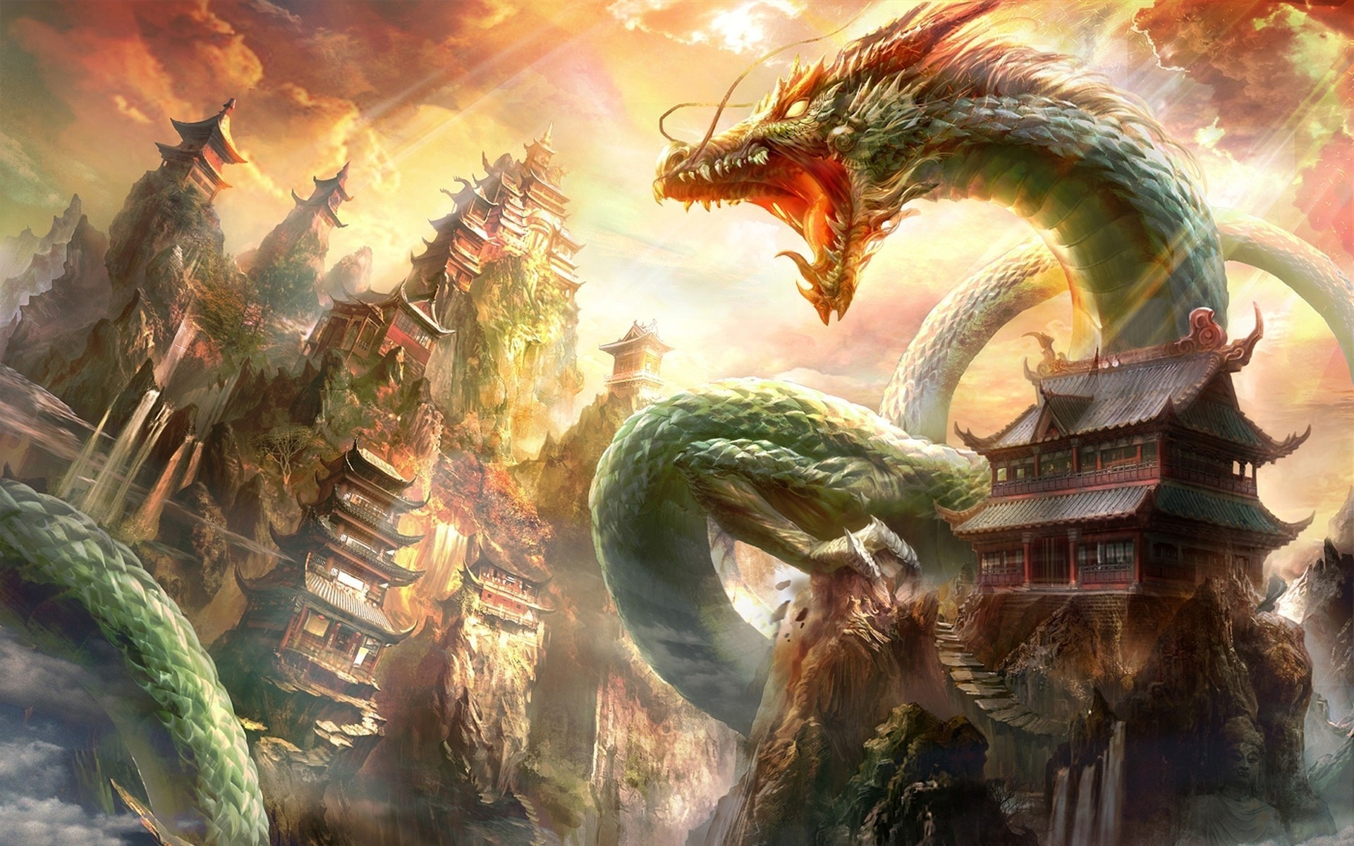 Drago cinese, Cina, Fantasy, Pagoda, Montagne, 16:10 Full HD, sfondo widescreen