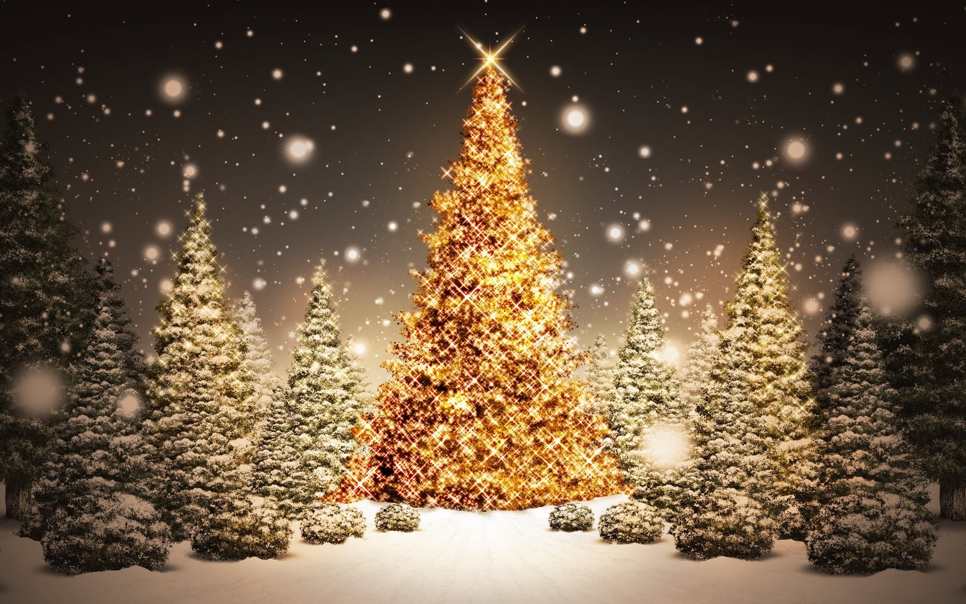 Albero di Natale dorato, Abeti, Nevicata, Full HD, sfondo per PC e portatile