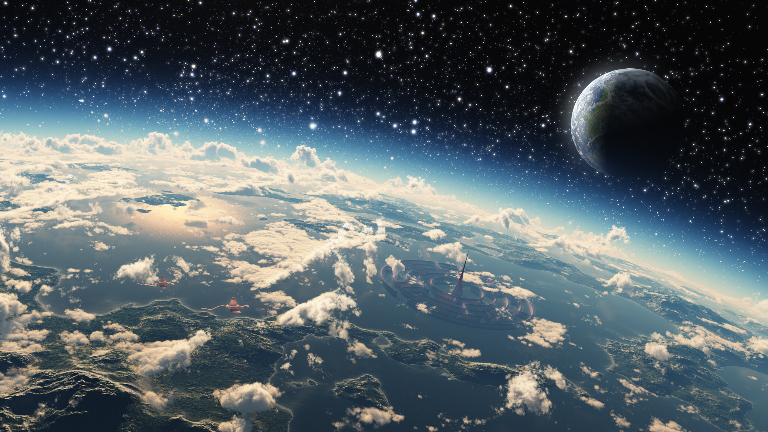 Terra, Luna, Vista dallo spazio, Nuvole, Stelle, 2560x1440, immagine di sfondo