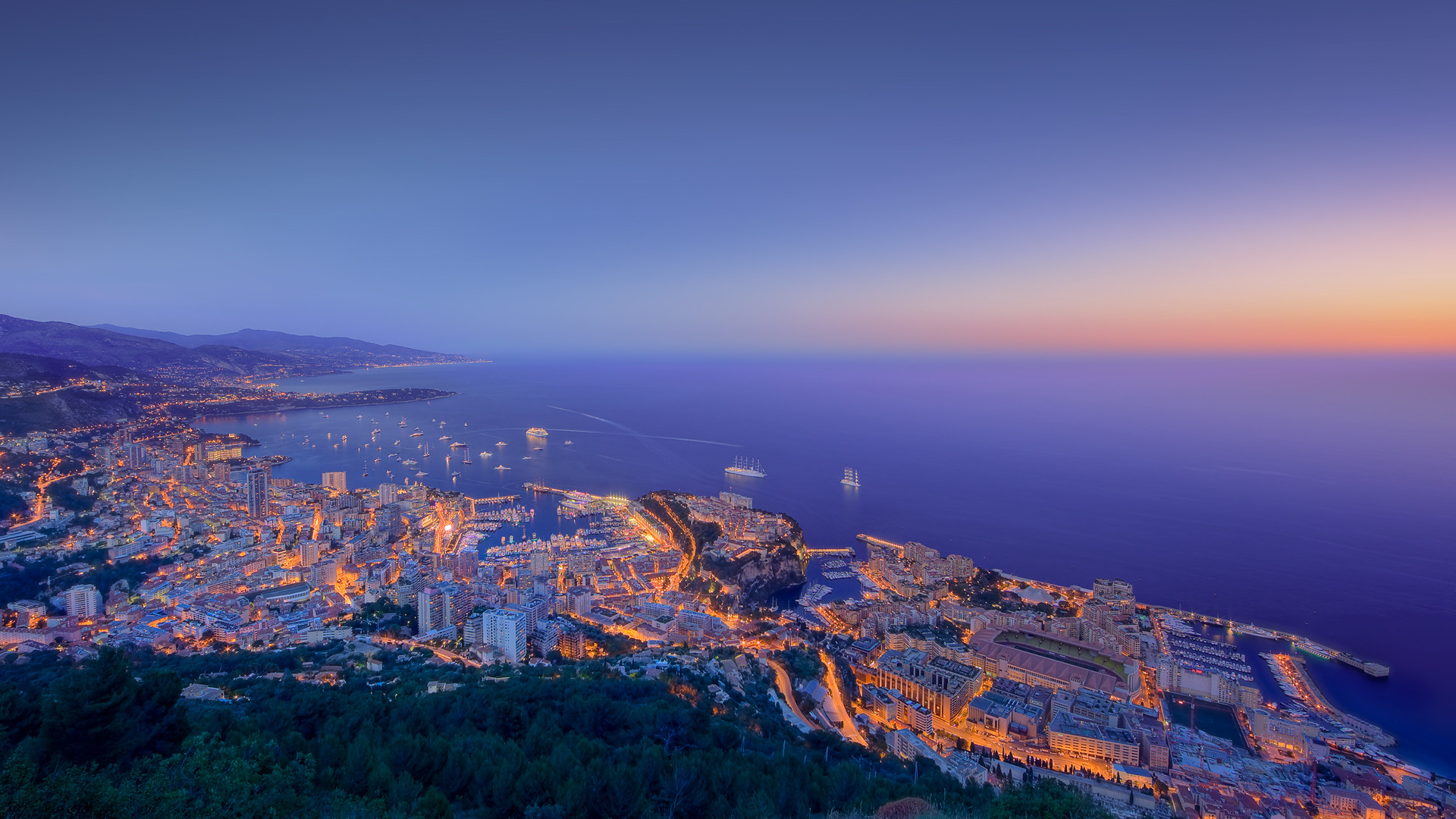 Monaco, Principato di Monaco, Crepuscolo, Vista aerea, sfondo Windows 10 Full HD