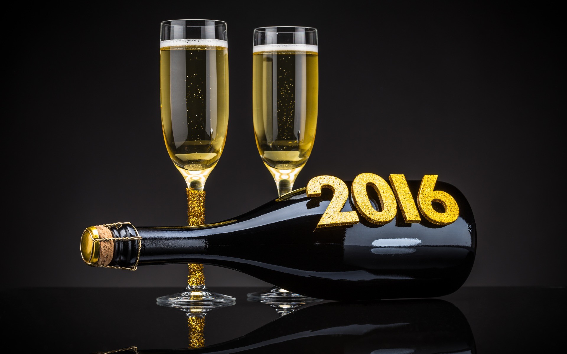 Capodanno 2016, Bottiglia di spumante, Calici, Sfondo nero, 1920x1200, wallpaper desktop