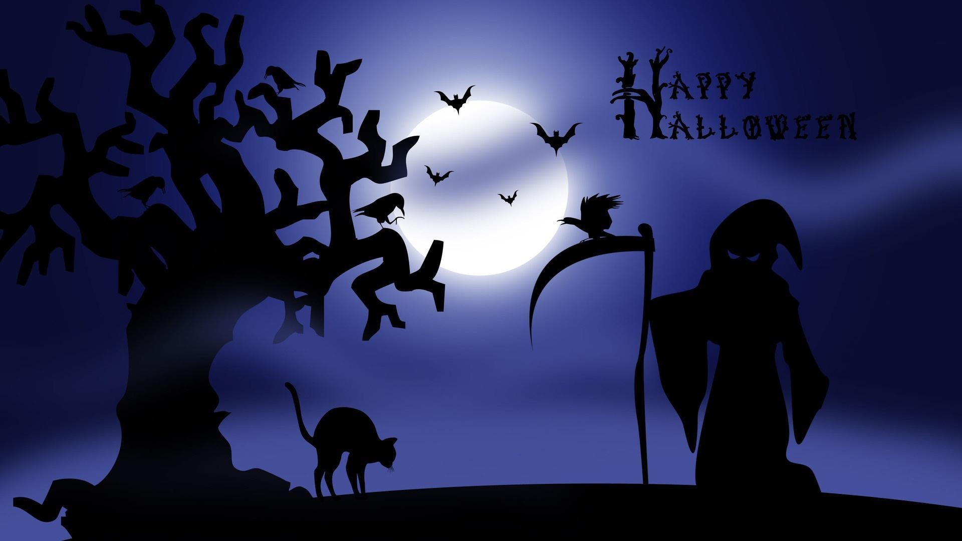 Mietitore, Gatto nero, Luna piena, Happy Halloween, 1920x1080, sfondo per PC