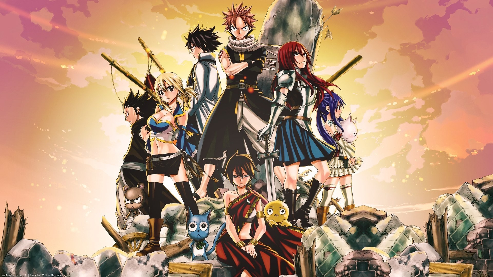 Fairy Tail, Natsu Dragneel, Lucy Heartfilia, Erza Scarlet, Gray Fullbuster, Happy, immagine di sfondo