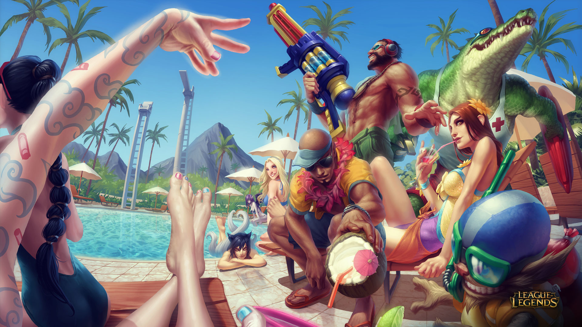League of Legends, Pool Party, Draven, Leona, Renekton, Piscina, sfondo Windows 11