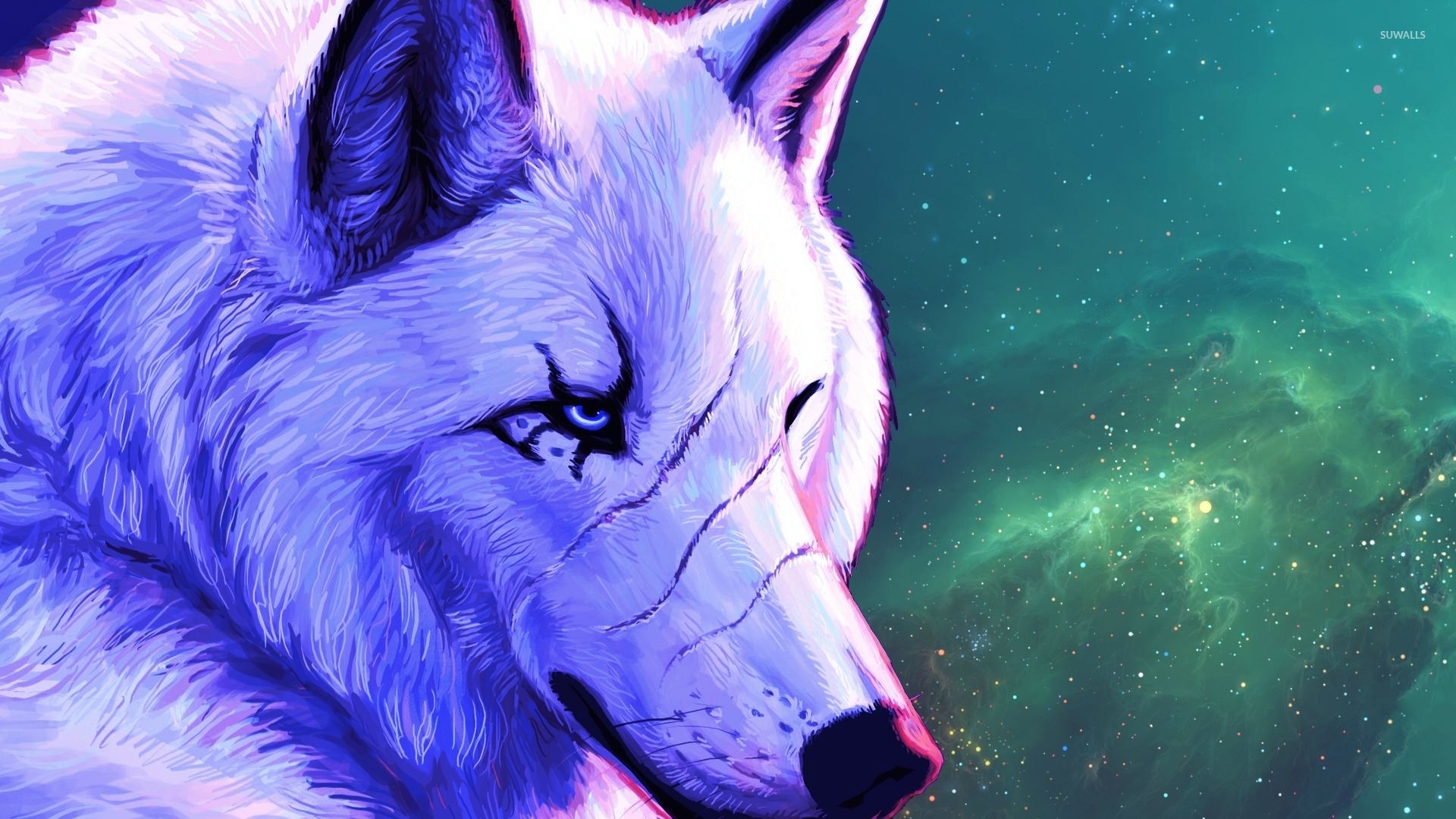 Lupo, Arte digitale, Nebulosa, Viola, Full HD 1080p, sfondo desktop