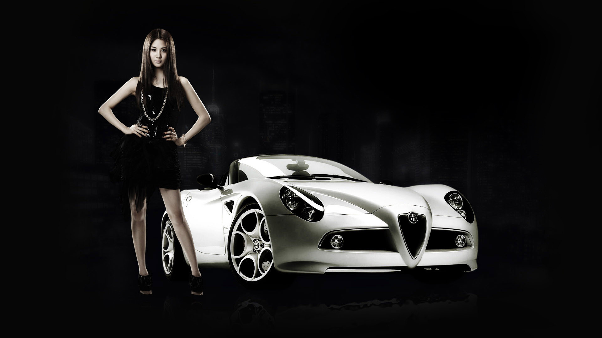 Alfa Romeo 8C Competizione, Alfa Romeo, Modella, Sfondo nero, Full HD, wallpaper desktop
