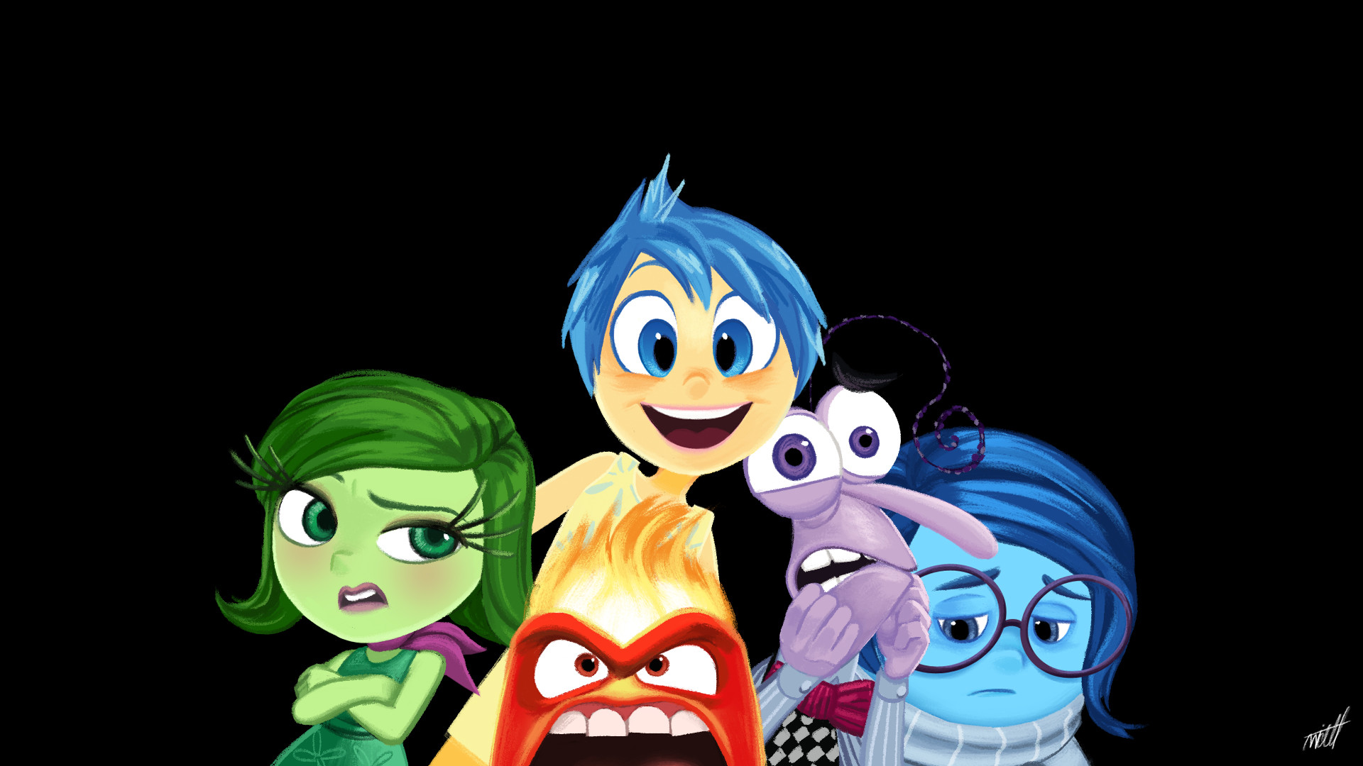 Disgusto, Gioia, Rabbia, Paura, Tristezza, Inside Out, Sfondo nero, wallpaper desktop Full HD