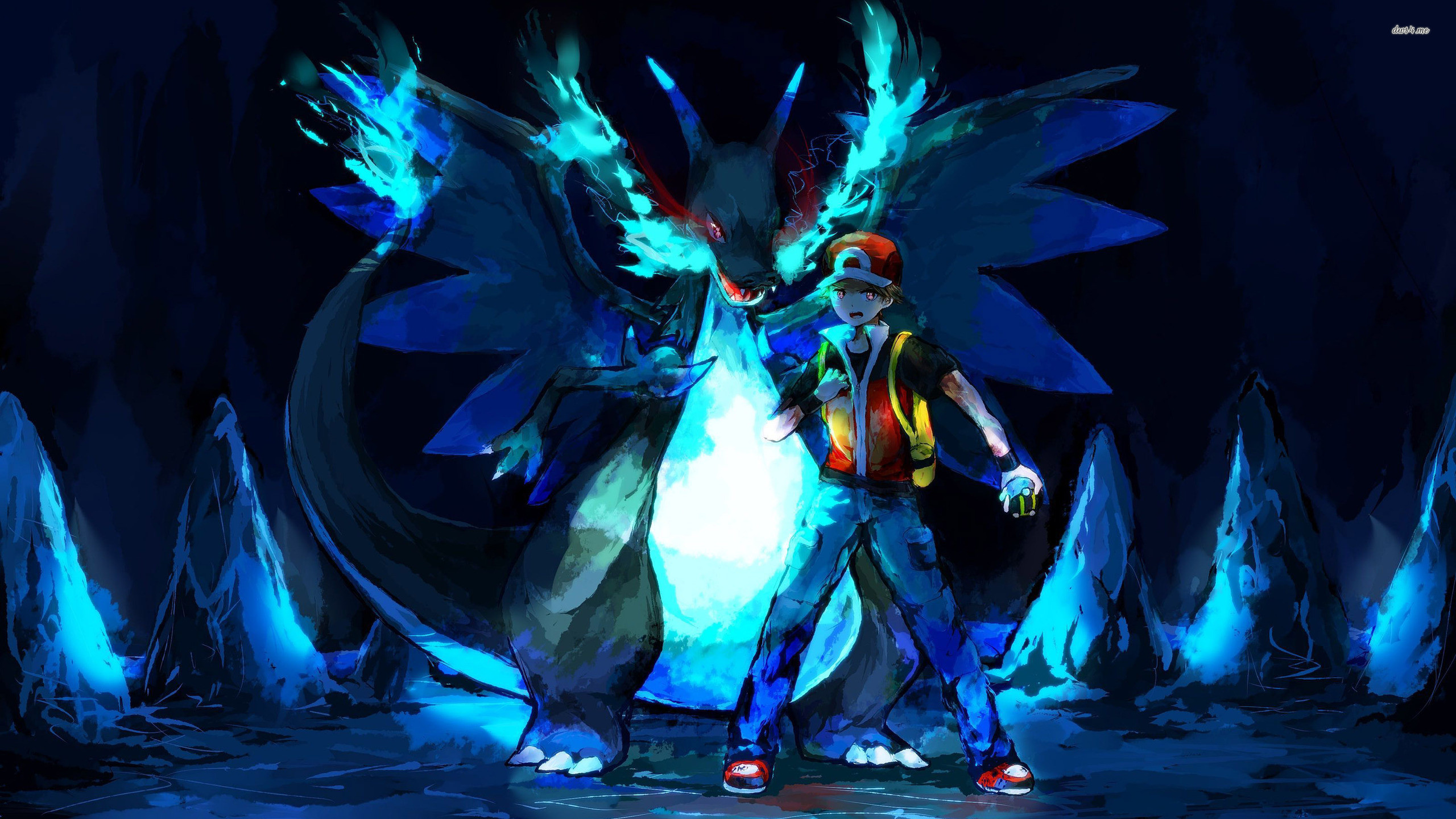 Mega Charizard X, Ash Ketchum, Pokémon, Fiamme blu, 2560x1440, sfondo per PC