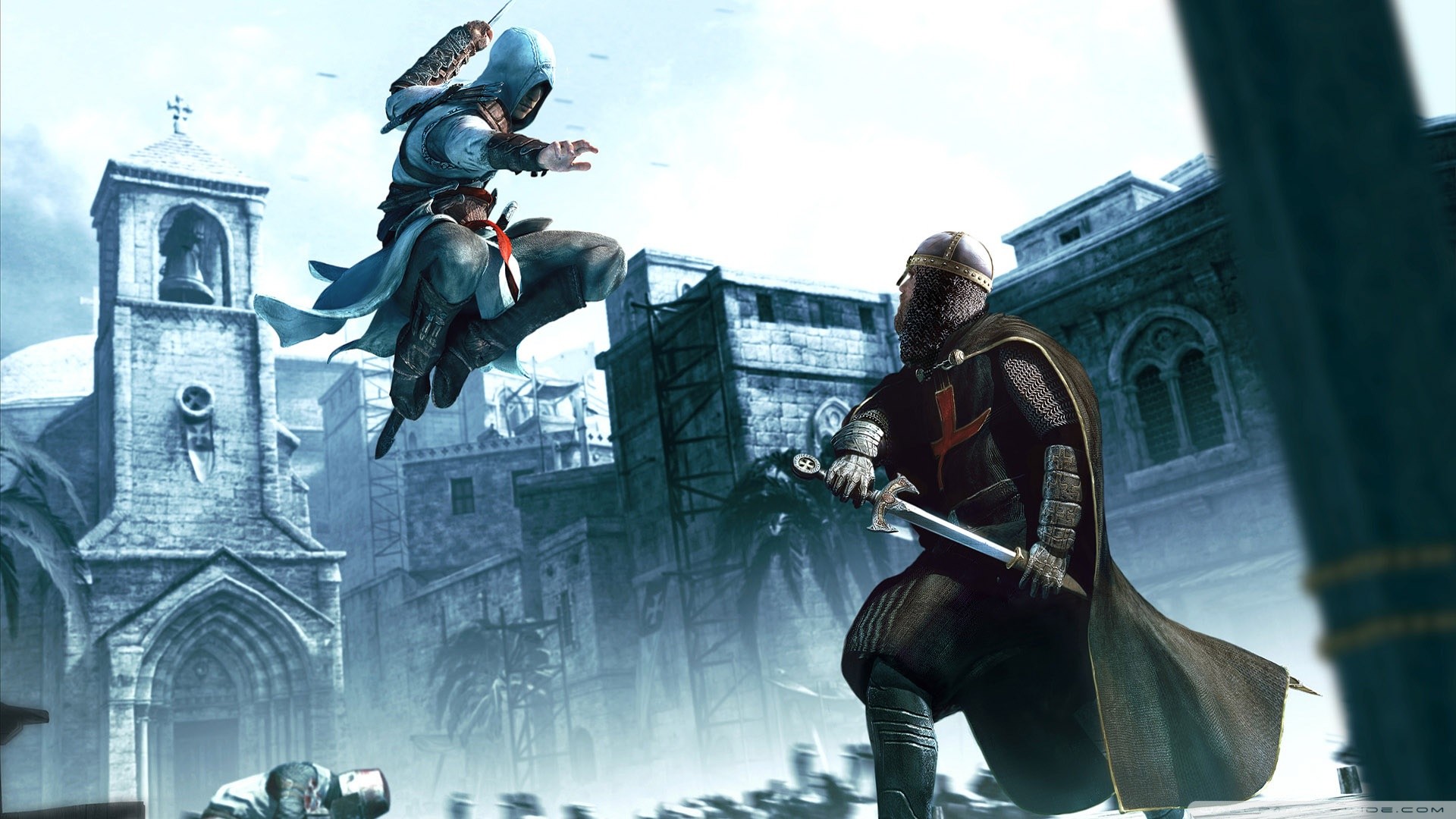 Altaïr Ibn-La'Ahad, Assassin's Creed, Salto, Combattimento, Città medievale, sfondo Full HD