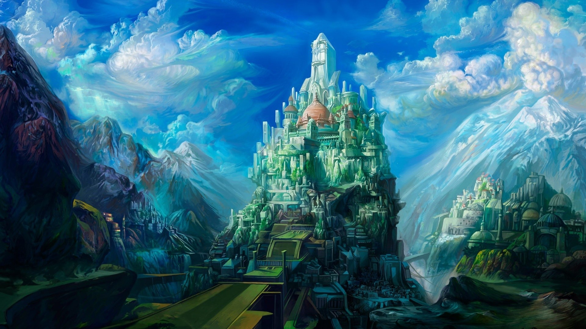 Città di cristallo, Montagne, Fantasy, 1920x1080, sfondo per PC