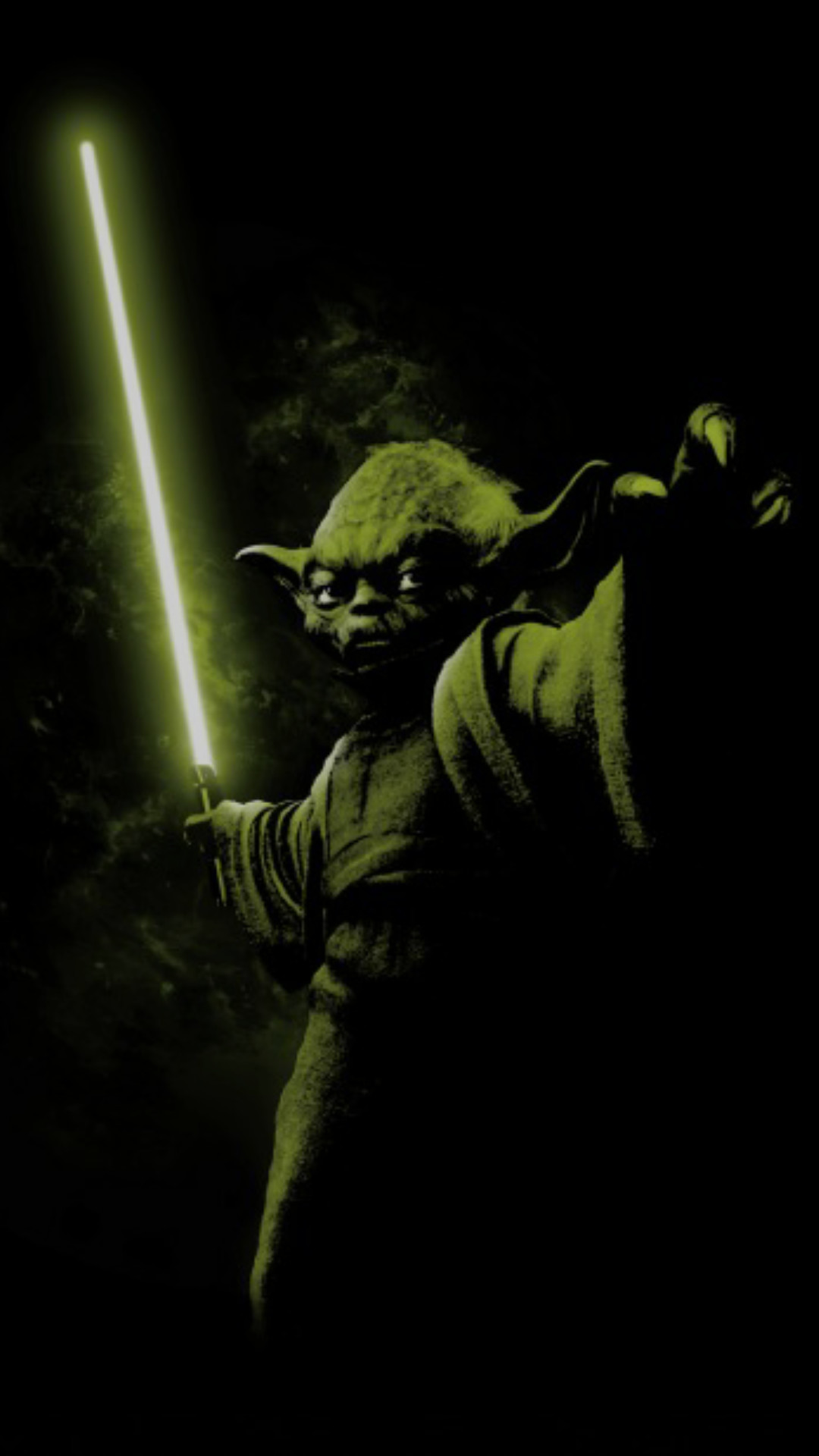 Yoda, Spada laser verde, Sfondo nero, 1080x1920, schermata di blocco iPhone