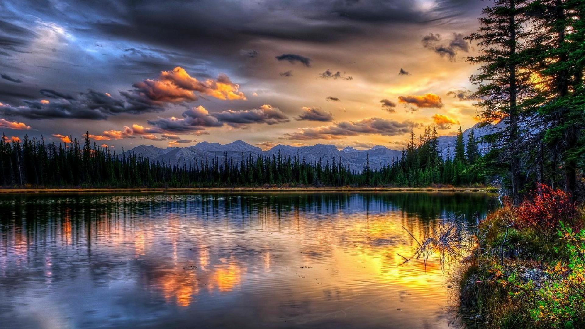 Lago, Tramonto, Foresta, Nuvole, Full HD, sfondo per PC e portatile