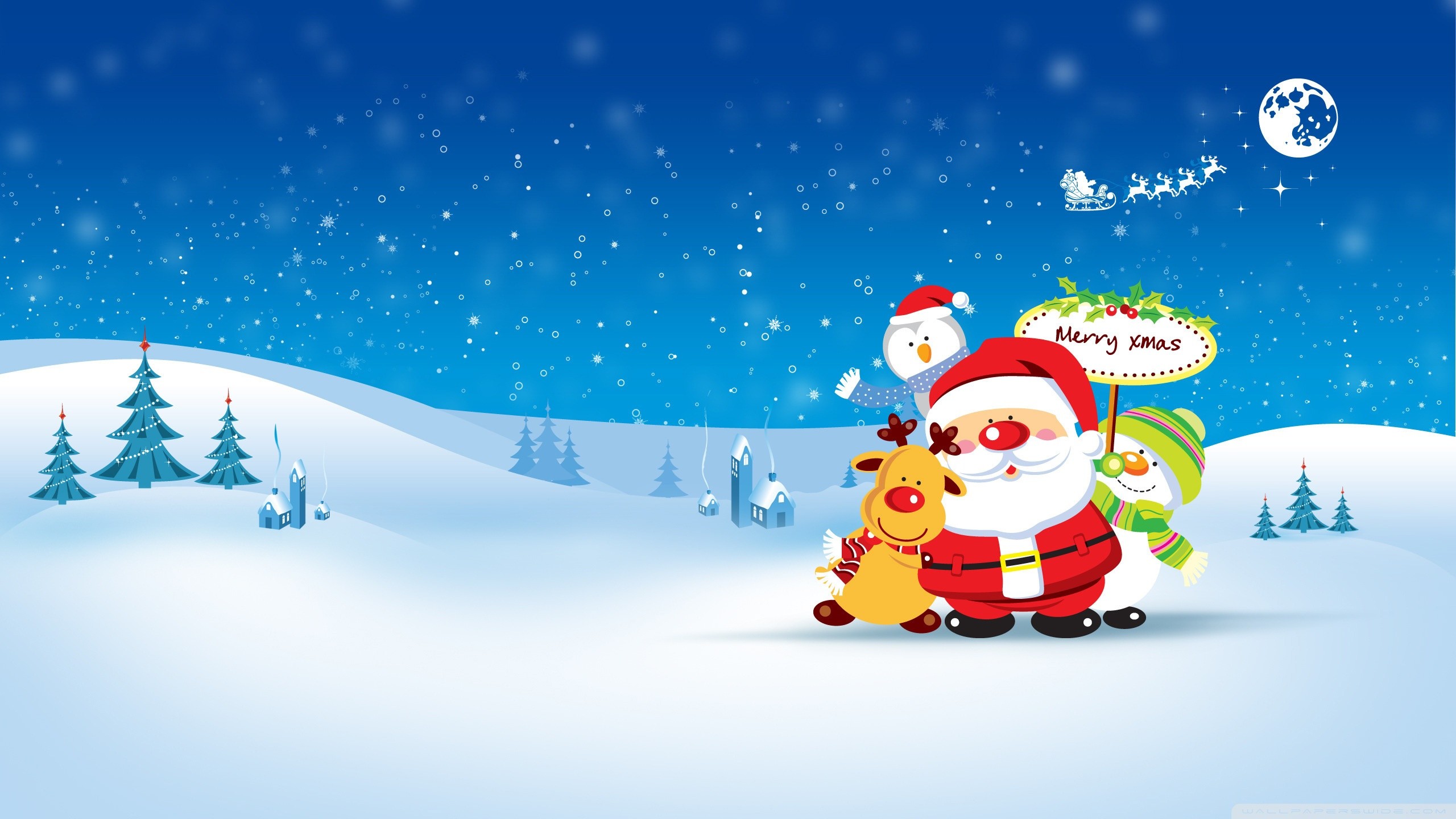 Babbo Natale, Natale, Renna, Pupazzo di neve, Cartone animato, 2560x1440, sfondo per PC