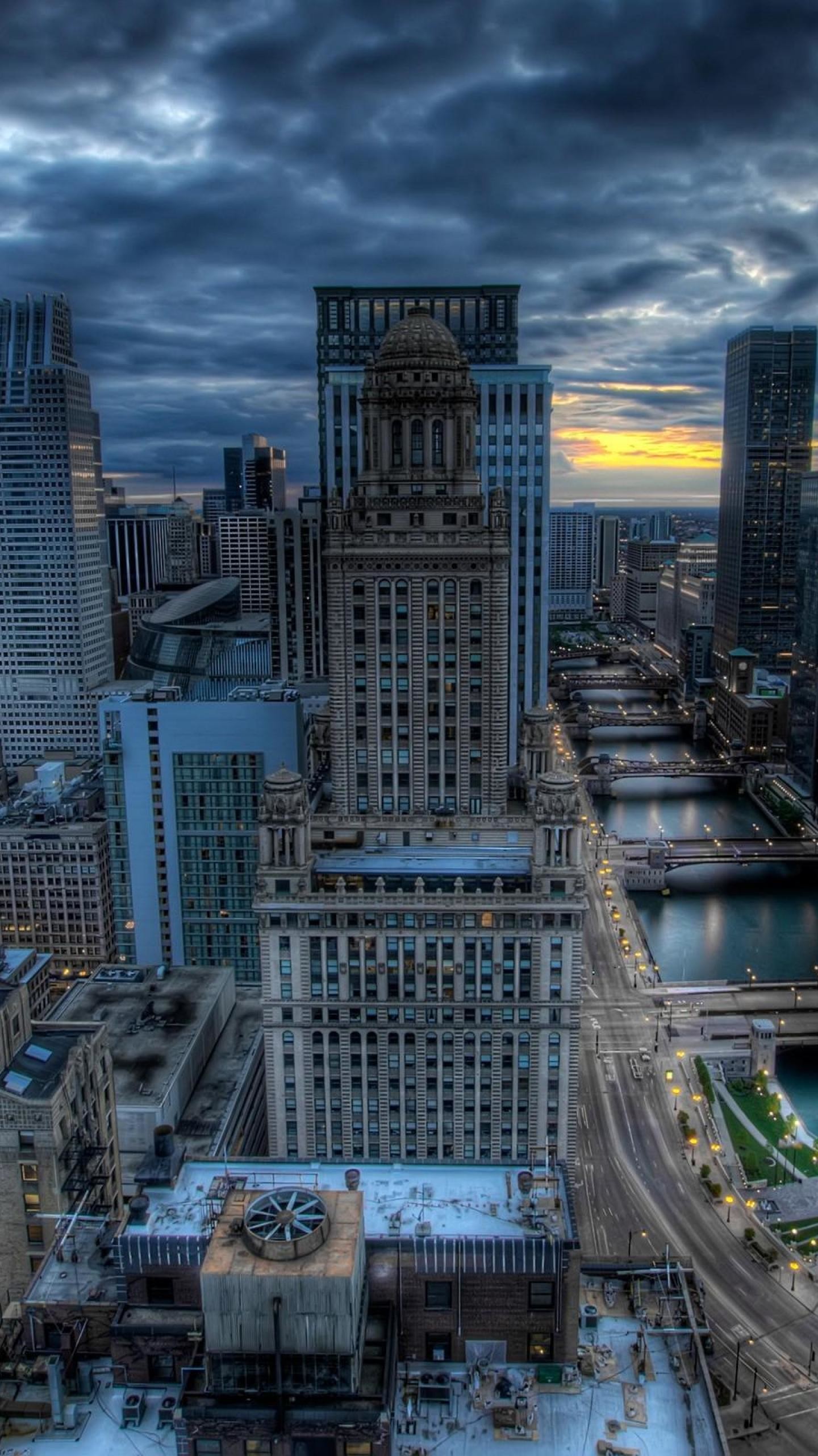 Chicago, Grattacieli, Nuvole, HDR, QHD+, wallpaper per cellulare