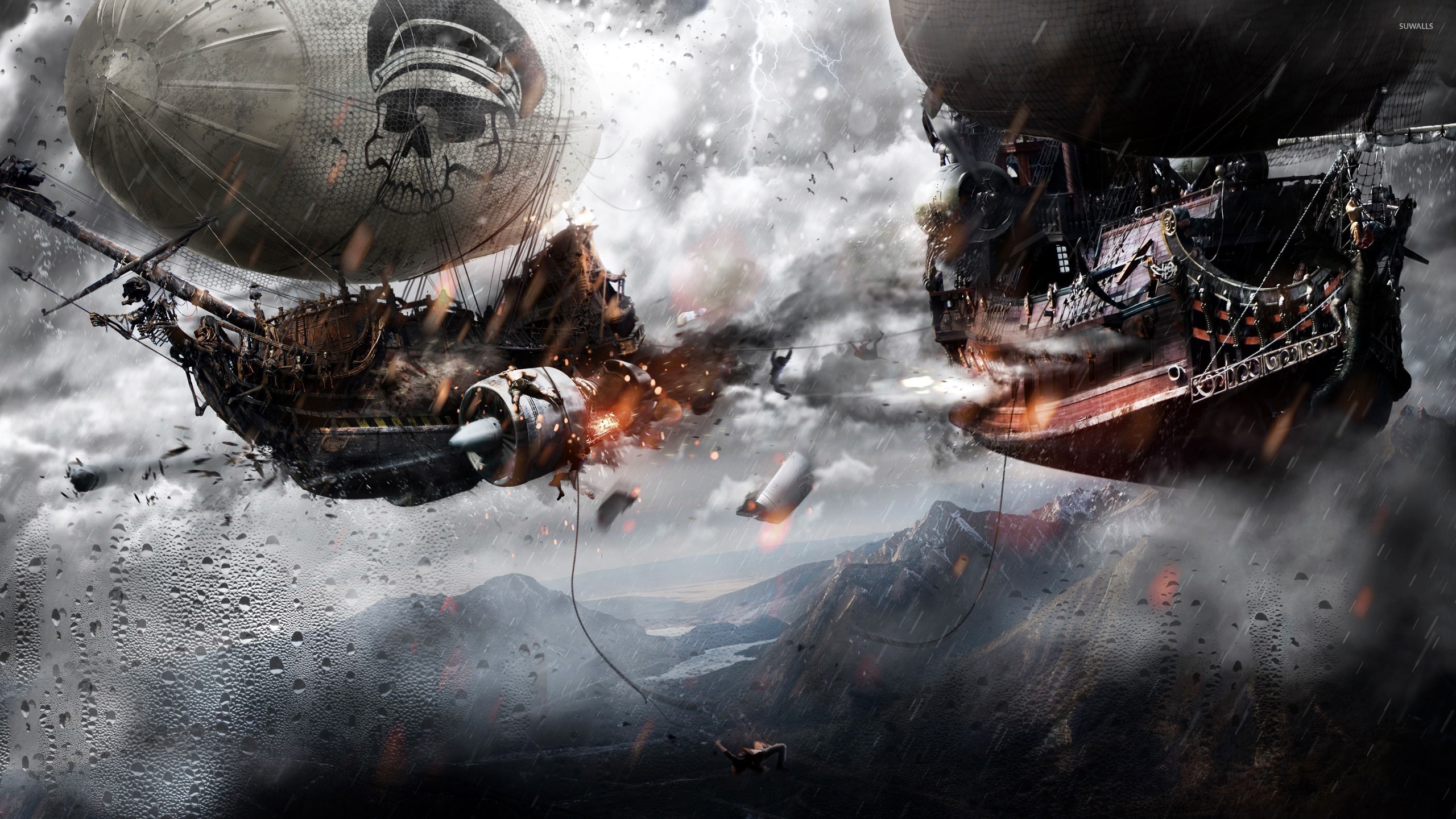 Navi volanti, Dirigibili pirata, Steampunk, Battaglia, 2560x1440, immagine di sfondo