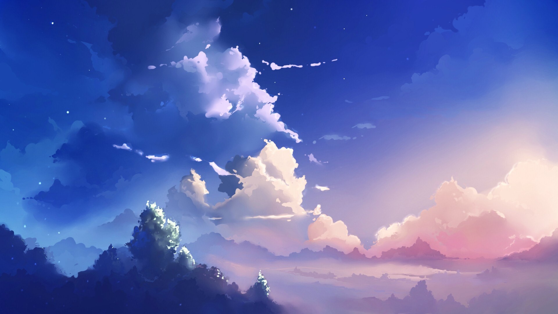 Paesaggio anime, Nuvole, Cielo, Tramonto, Full HD 1080p, sfondo desktop