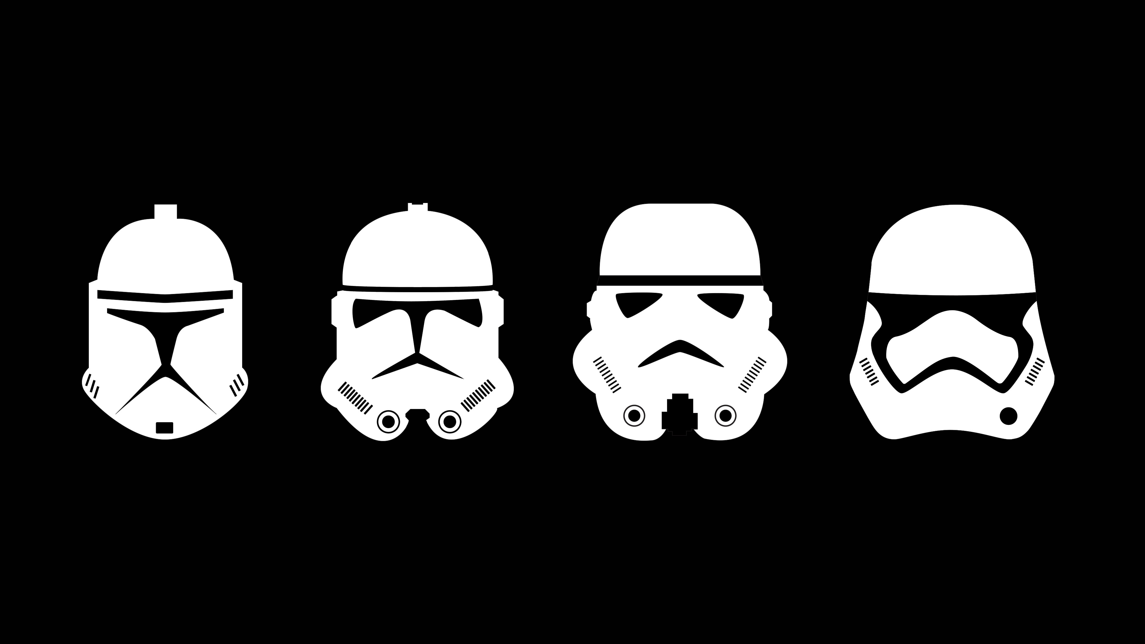 Clone trooper, Stormtrooper, Stormtrooper del Primo Ordine, Caschi, Sfondo nero, 4K UHD