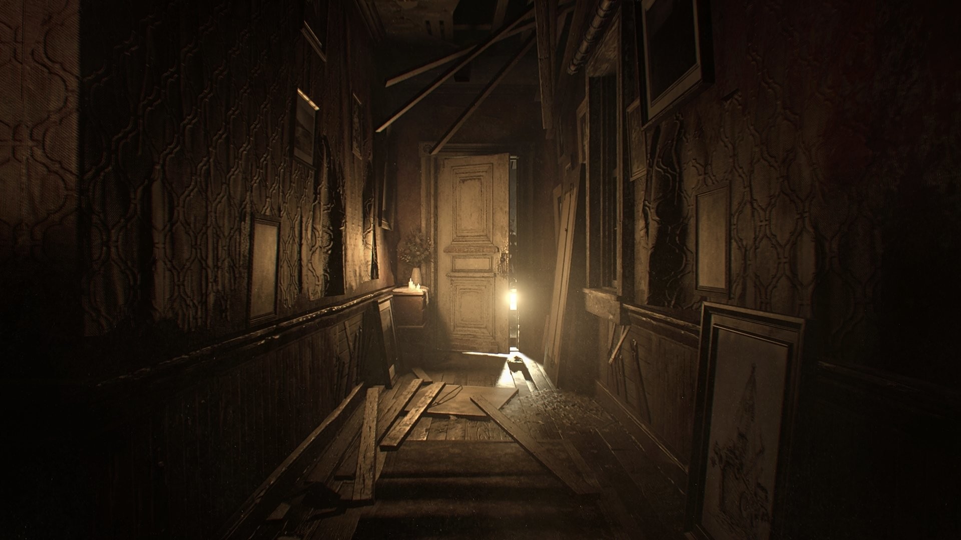 Resident Evil 7: Biohazard, Corridoio, Lampada, Seppia, Horror, 1920x1080, sfondo per PC
