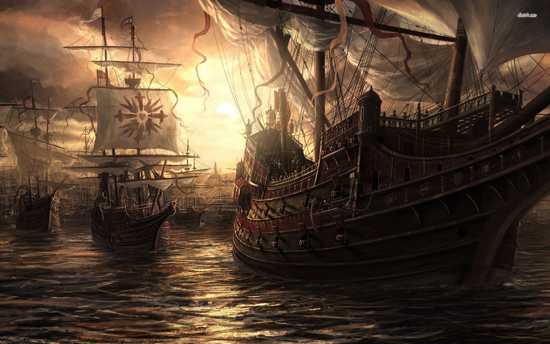 Galeoni, Battaglia navale, Tramonto, Pittura digitale, 1920x1200, immagine di sfondo