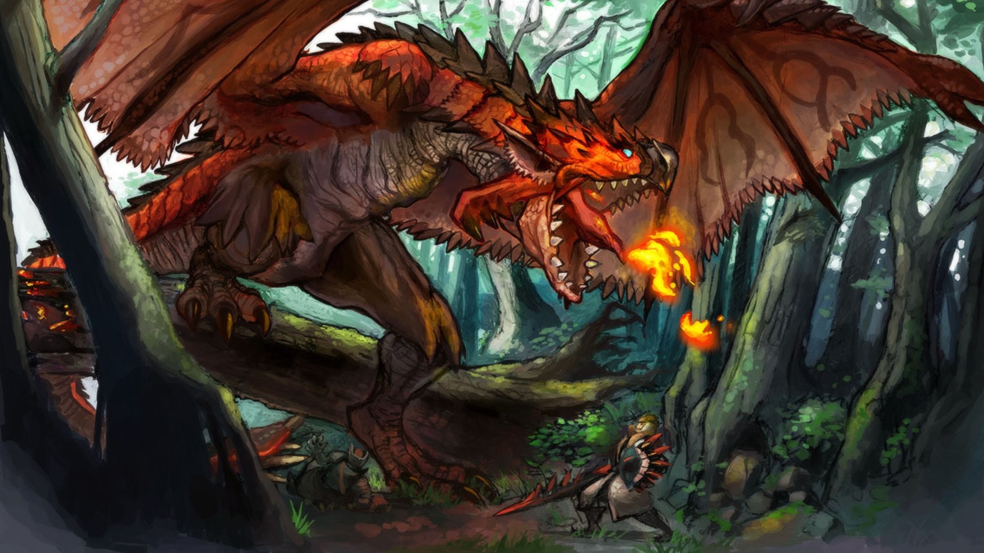 Rathalos, Monster Hunter, Foresta, Fuoco, Full HD, wallpaper per portatile