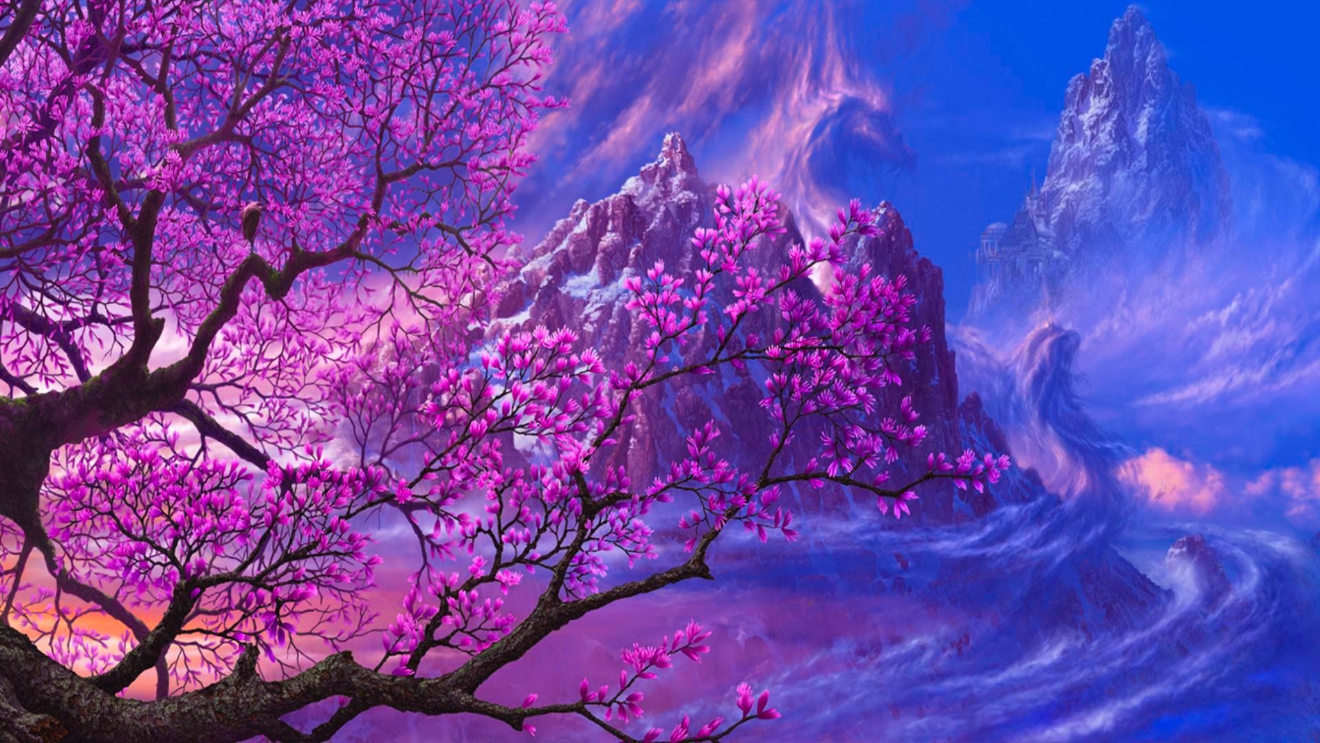 Ciliegi in fiore, Montagne, Arte fantasy, Viola, Full HD 1080p, sfondo desktop
