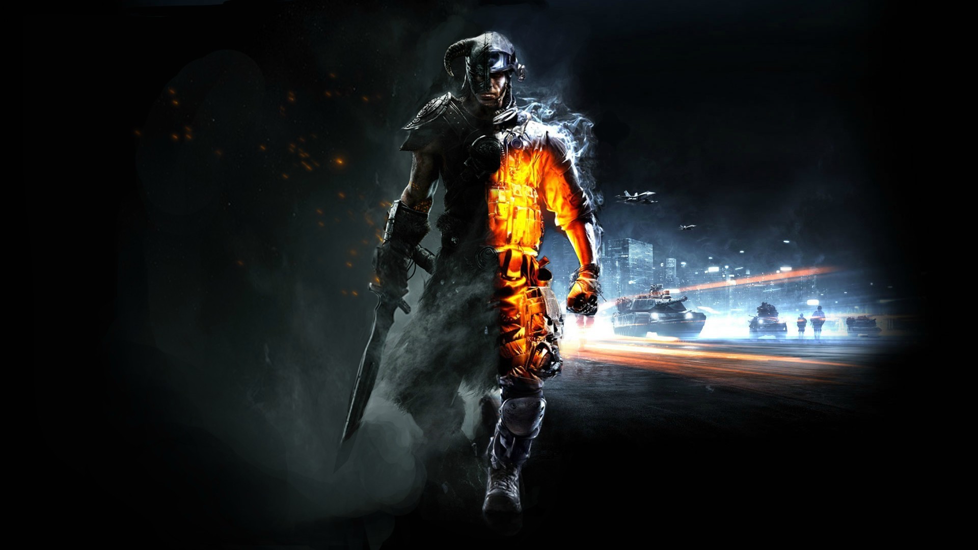 Dovahkiin, Battlefield 3, Crossover, Sfondo nero, 1920x1080, wallpaper desktop