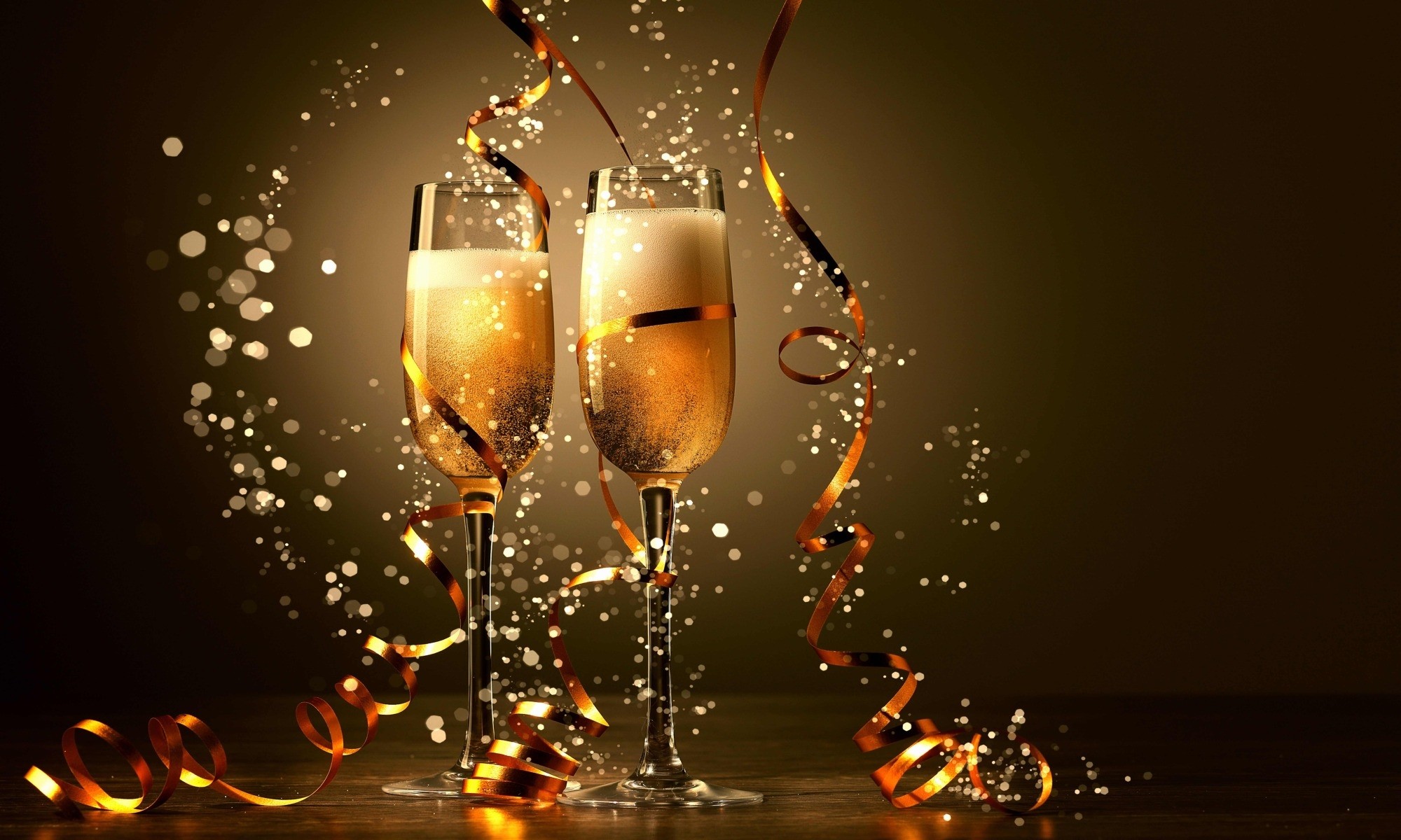 Calici di champagne, Brindisi, Stelle filanti, Oro, Full HD, sfondo Windows 11