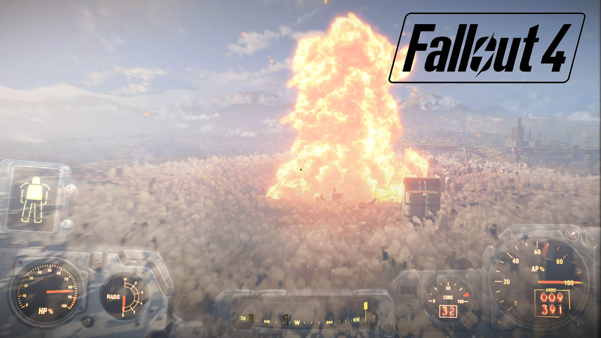 Fallout 4, Esplosione nucleare, Armatura atomica, HUD, Full HD, sfondo per PC e portatile