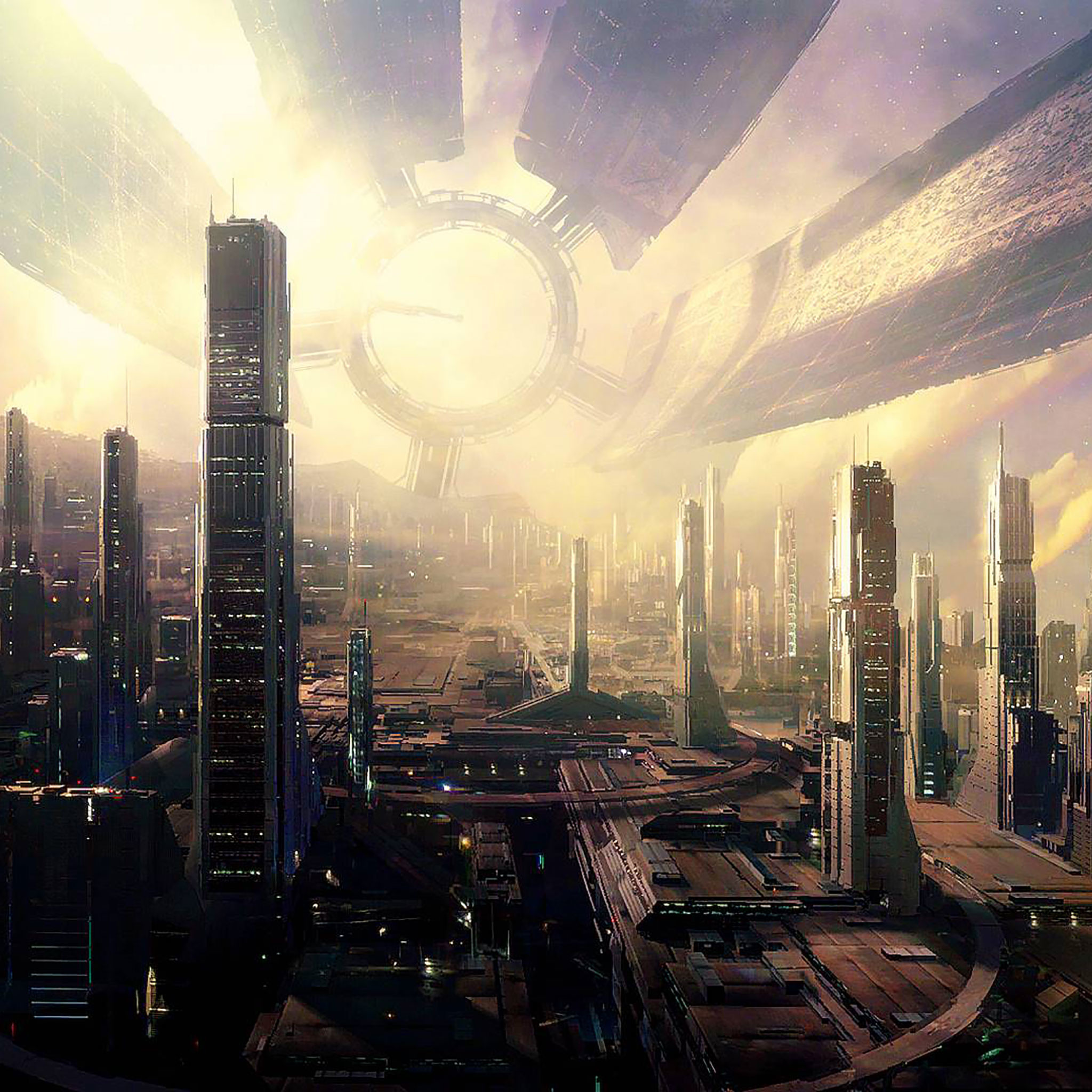 Metropoli futuristica, Grattacieli, Luce del sole, Fantascienza, sfondo Full HD per tablet
