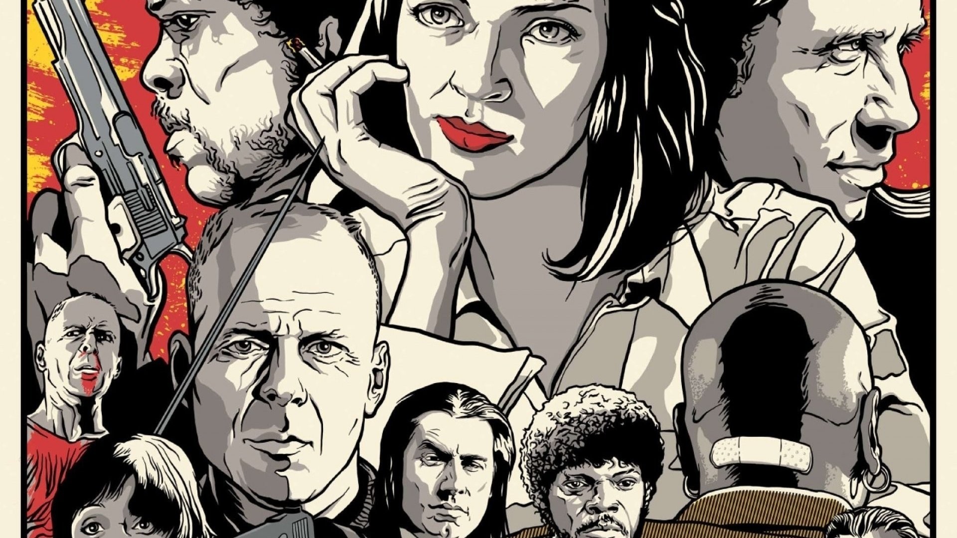 Pulp Fiction, Uma Thurman, Bruce Willis, Illustrazione, Full HD, sfondo per portatile