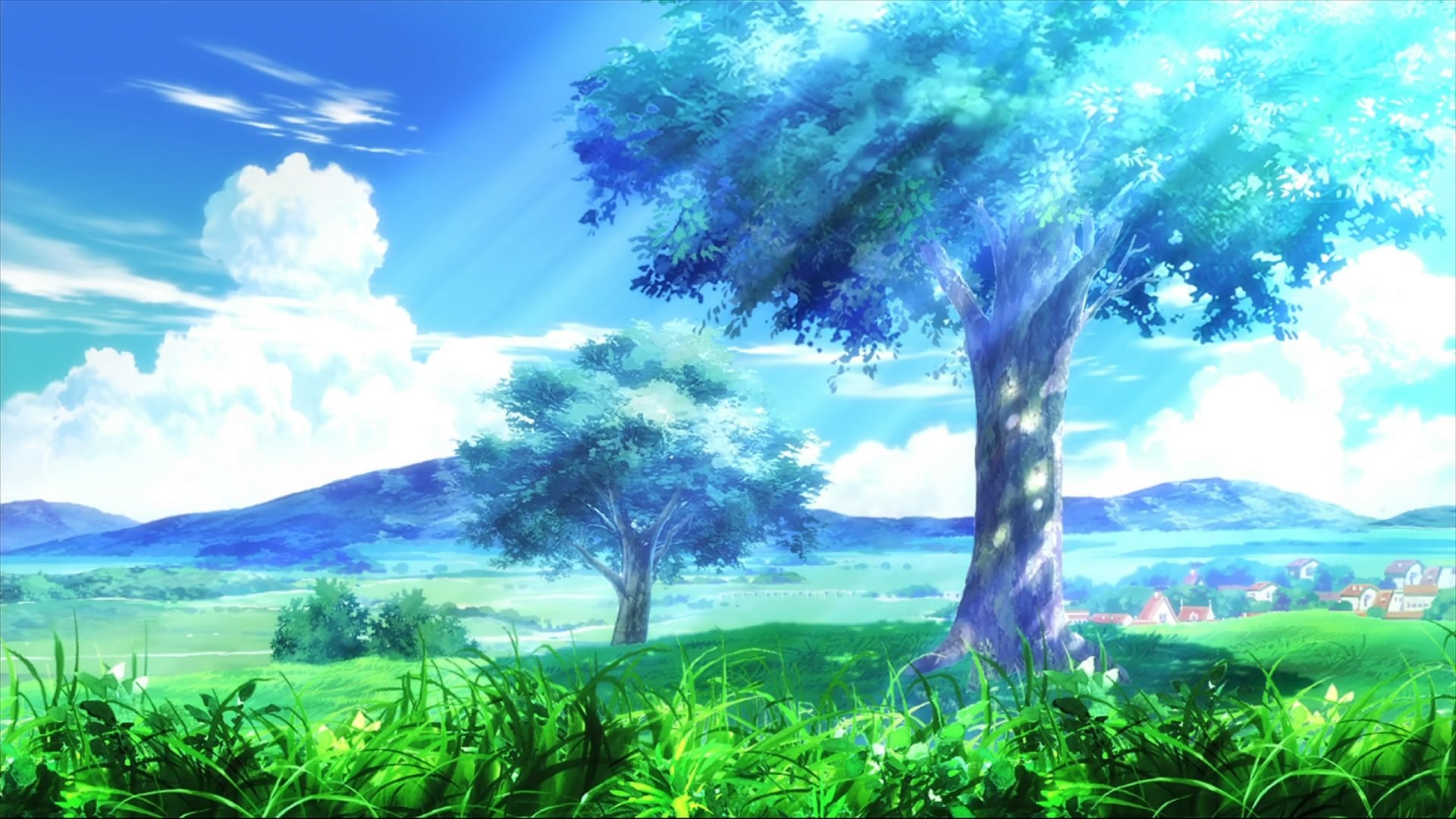 Prato, Albero, Cielo azzurro, Paesaggio anime, Full HD, sfondo per PC