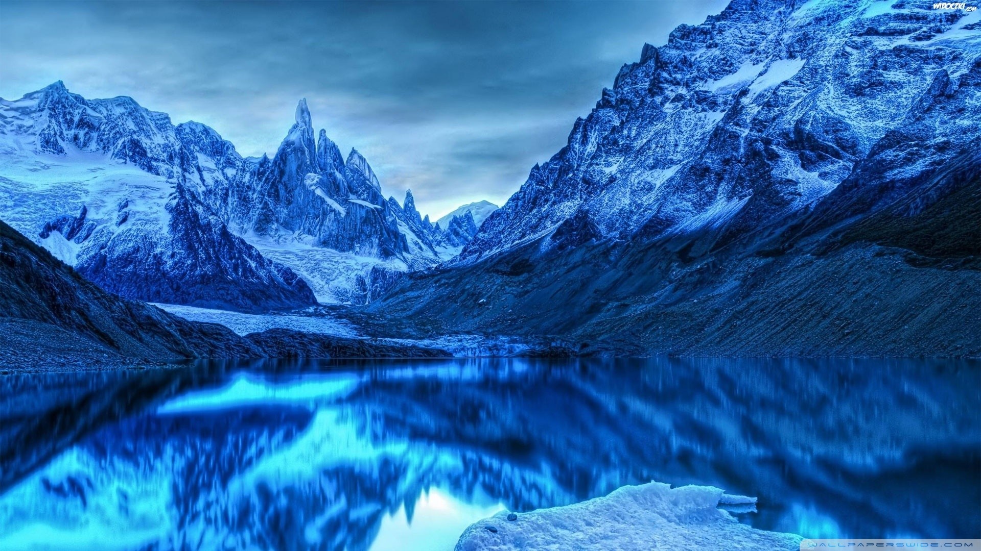 Montagne innevate, Lago, Riflesso, Blu, Full HD, sfondo per PC e portatile