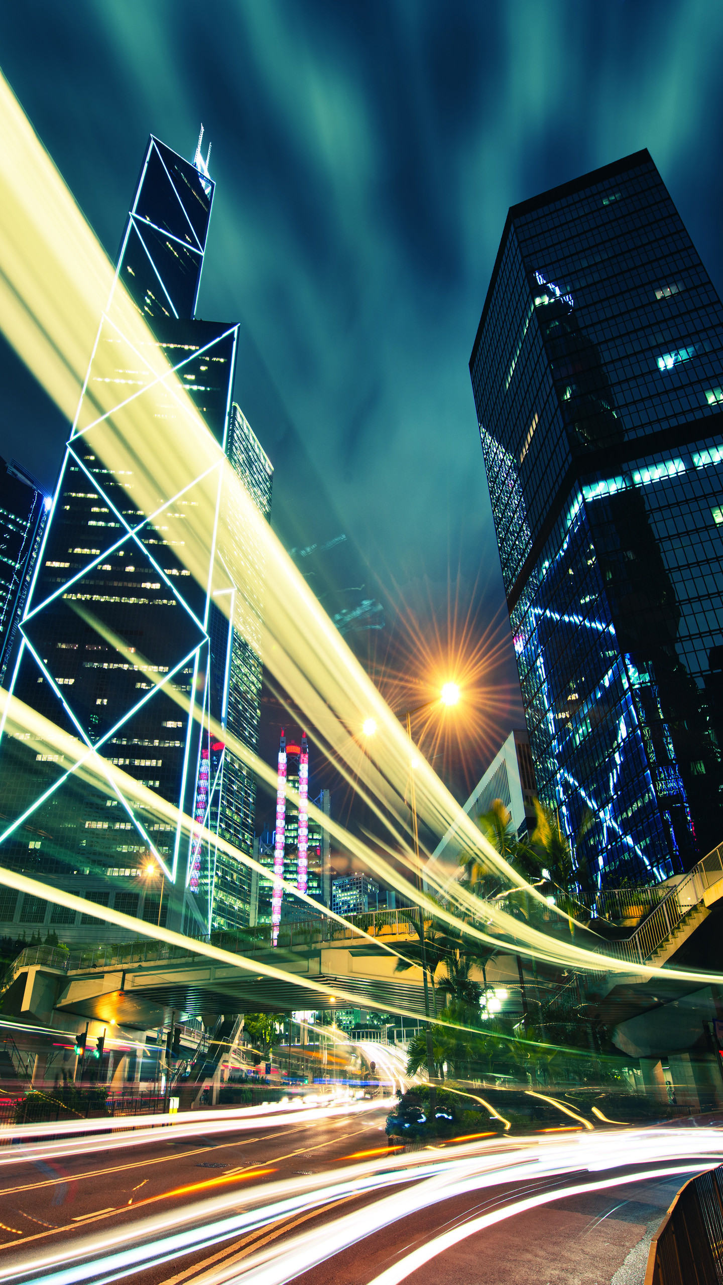 Hong Kong, Grattacieli, Scie luminose, Notte, sfondo Samsung S25 Edge QHD+