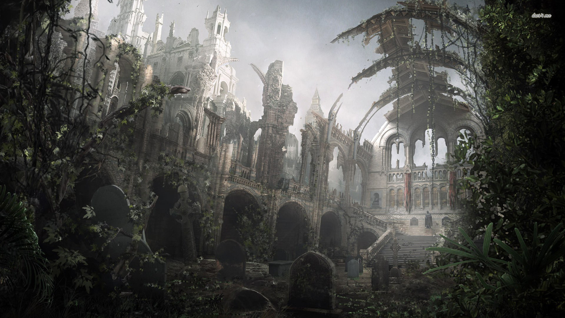 Cattedrale in rovina, Cimitero, Gotico, Nebbia, Vegetazione, 1920x1080, wallpaper desktop